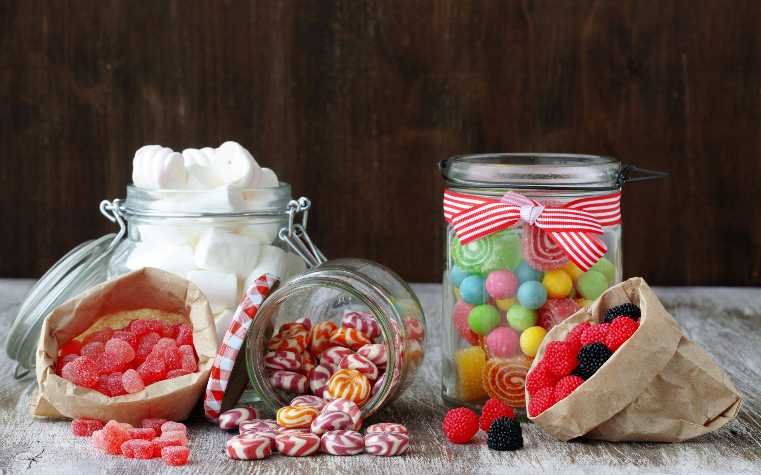 candies, marshmallows, jars, 2K Desktop Wallpaper