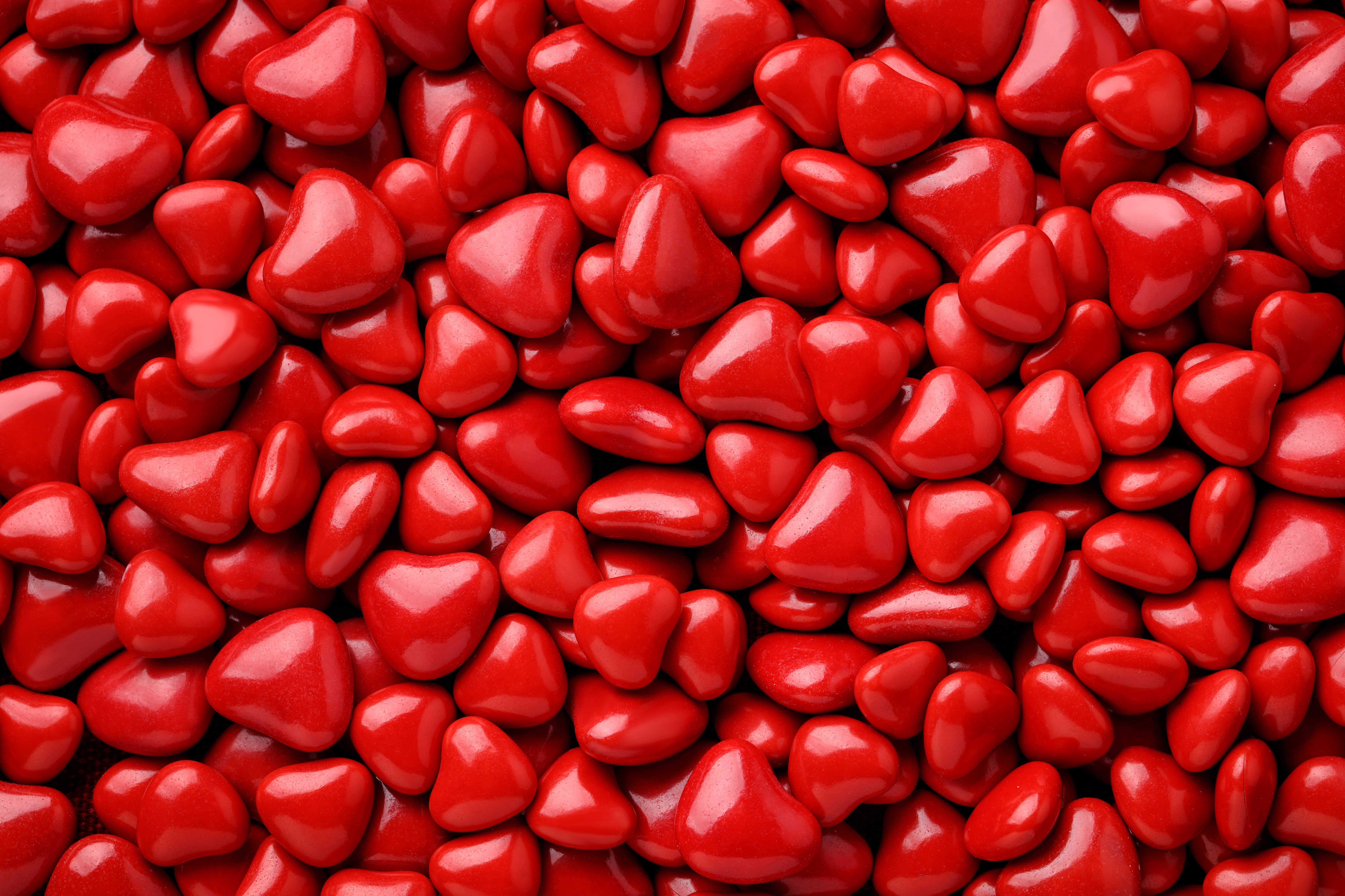red, 4K UHD, candy hearts, 8K Desktop Wallpaper