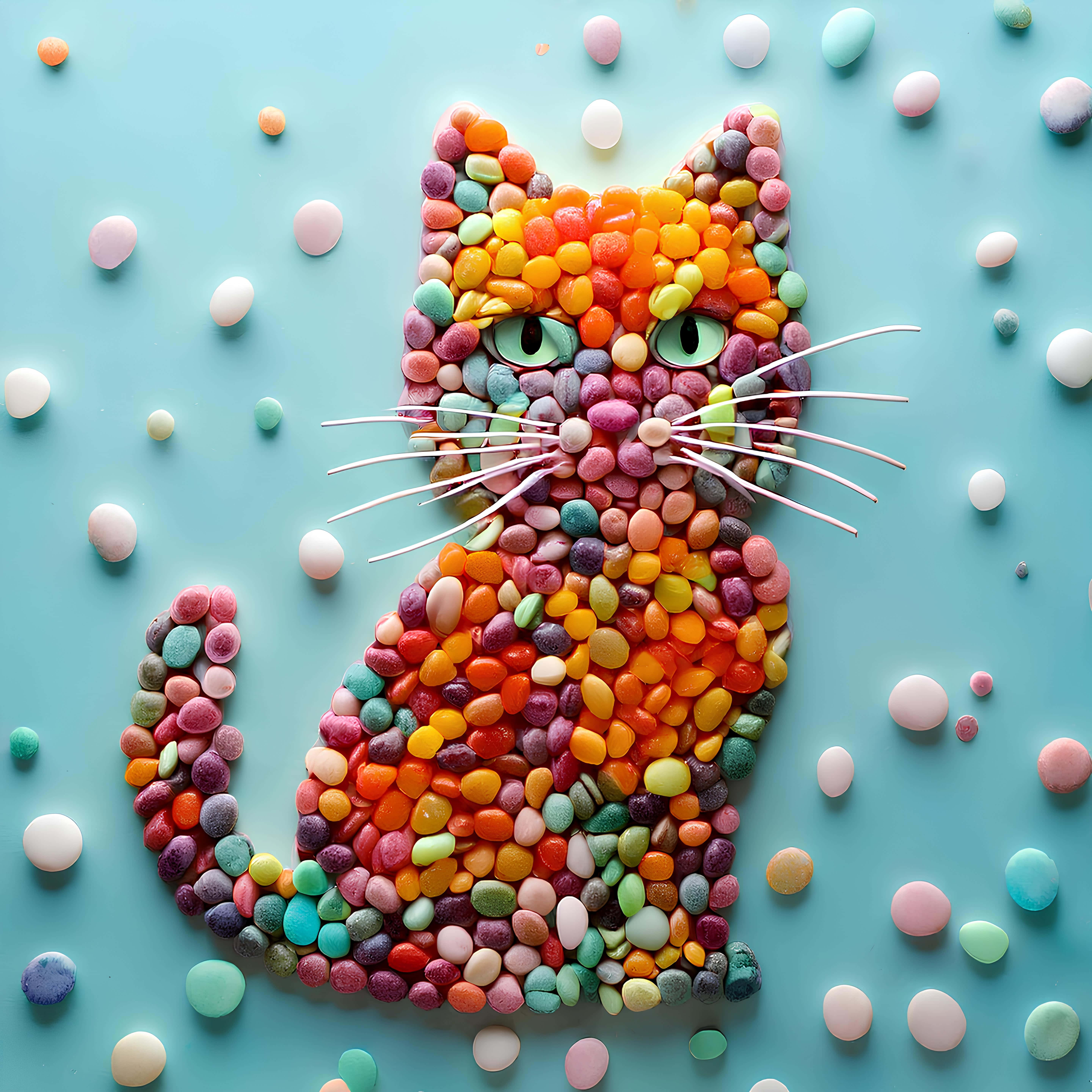 cat, colorful candies, light blue background, 5K Desktop Wallpaper