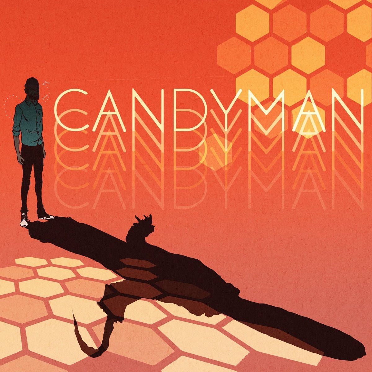 Candyman, hexagonal platform, warm orange backdrop, SD Desktop Wallpaper