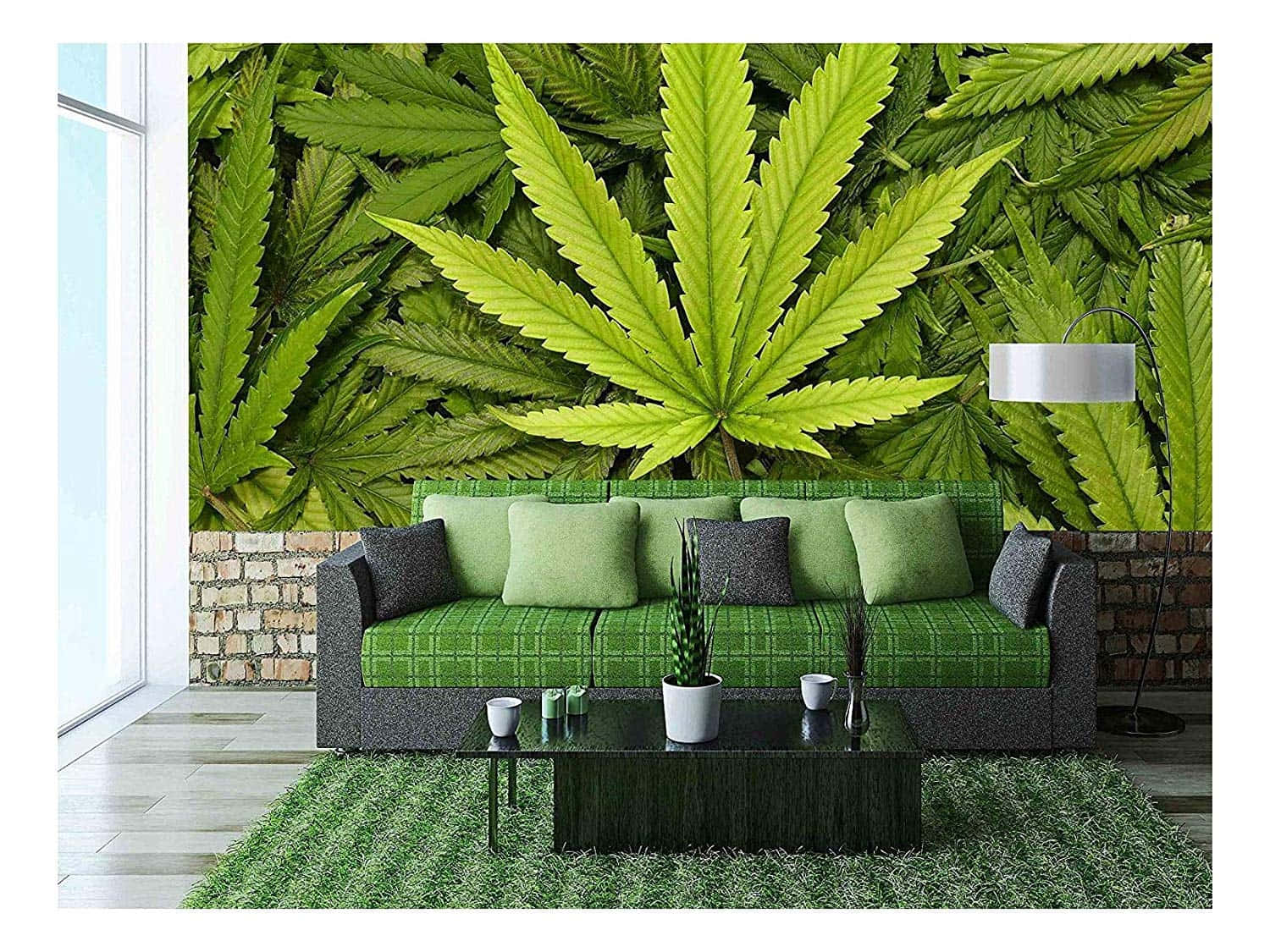 cannabis leaf wallpaper, green plaid sofa, brick accent wall, HD Desktop Wallpaper