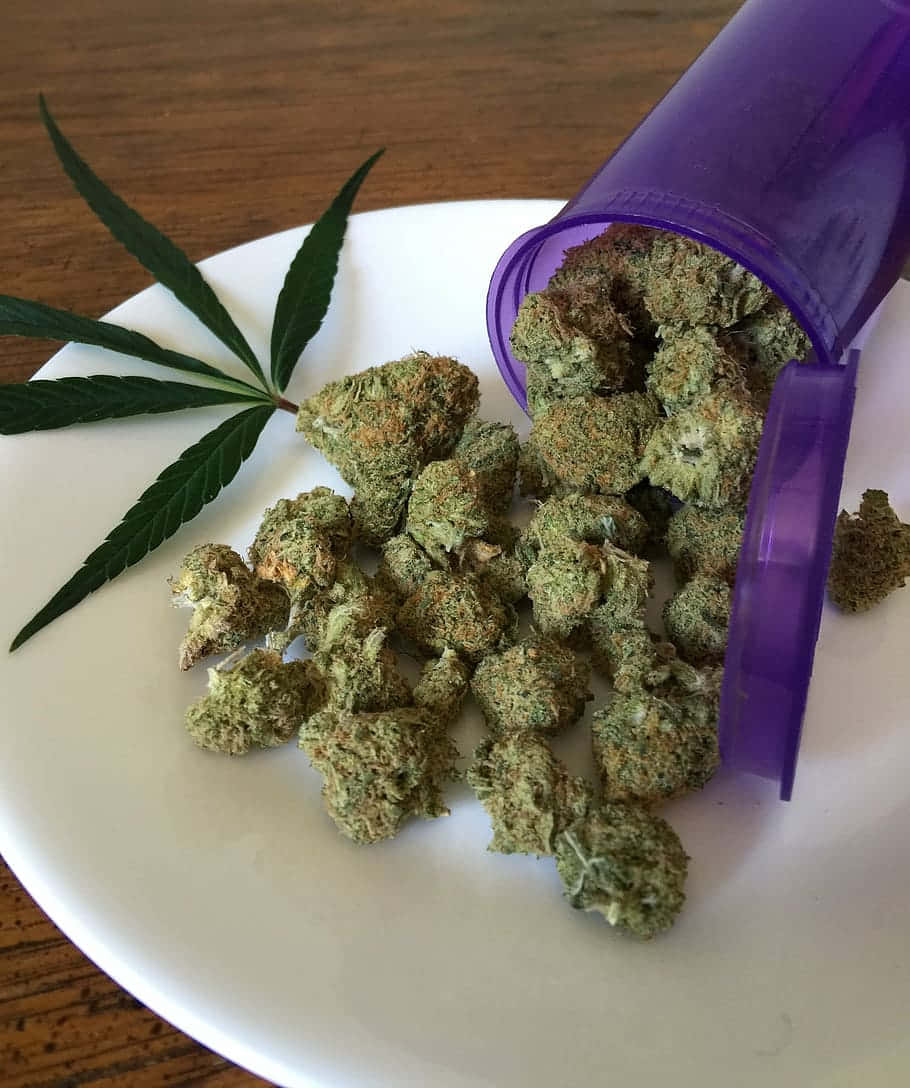 cannabis bud balls, purple pill bottle, green cannabis buds, SD Phone Wallpaper