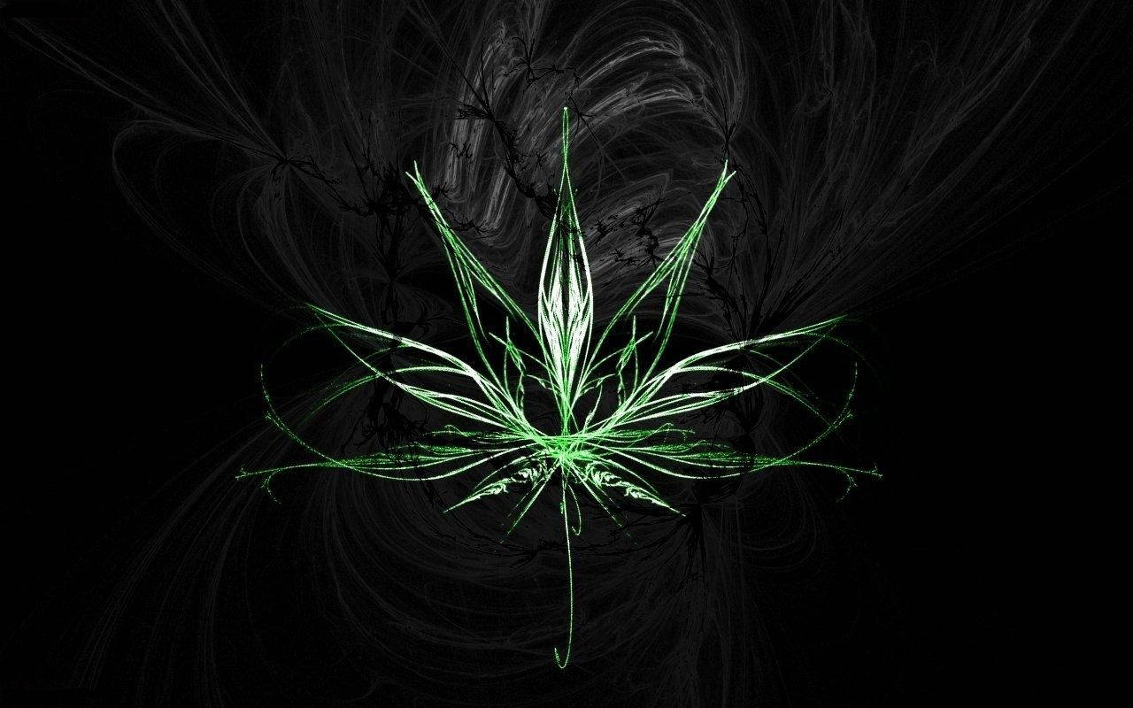 glowing green fractal cannabis leaf, swirling black and gray abstract background, HD Desktop Wallpaper
