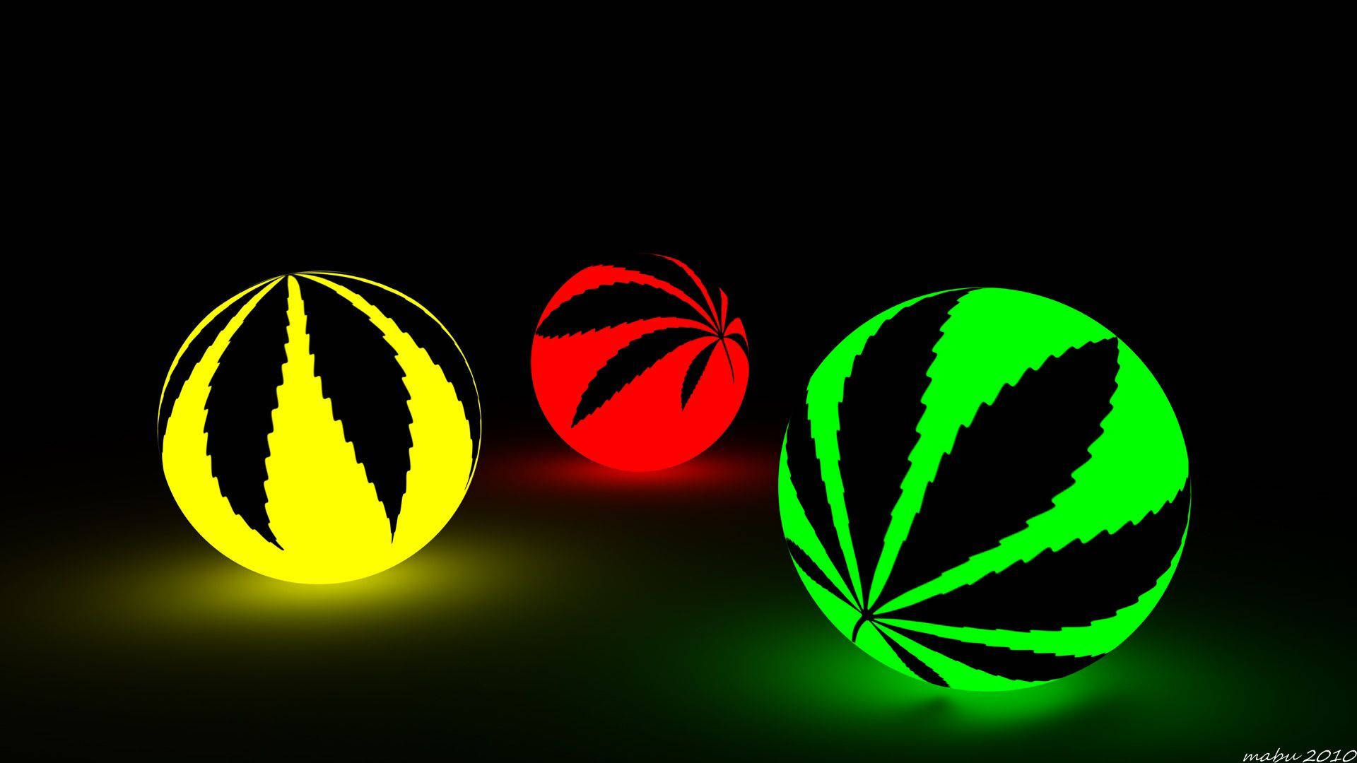 glowing spheres, cannabis leaf patterns, yellow red and green, Full HD Desktop Wallpaper