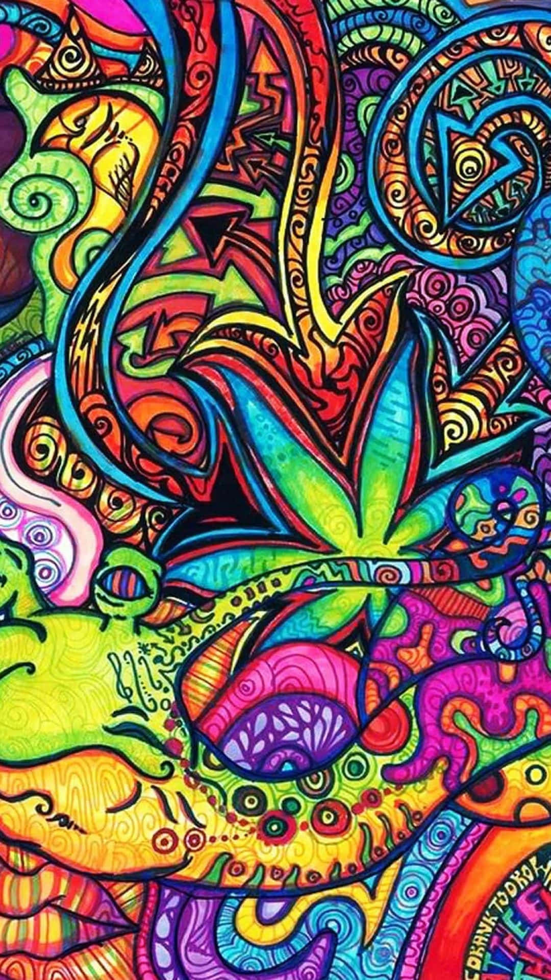 cannabis leaf, electric rainbow hues, swirling patterns, Full HD Phone Wallpaper