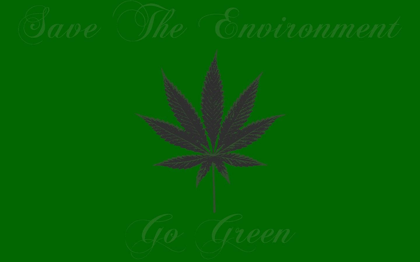 cannabis leaf, solid green background, faint cursive text, HD Desktop Wallpaper