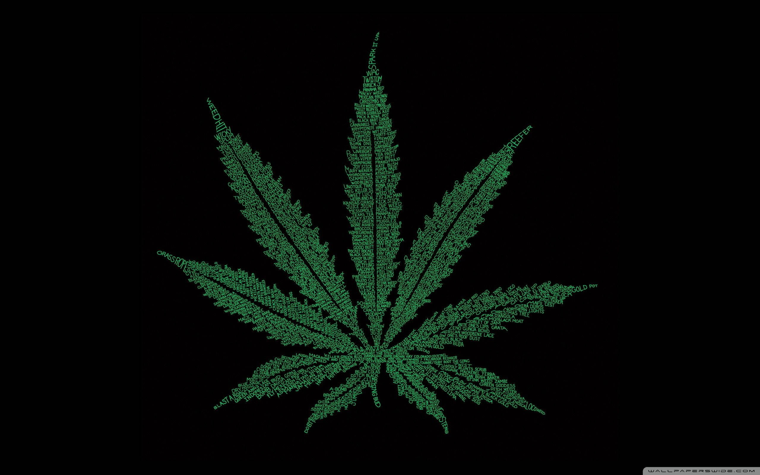 cannabis leaf, vibrant green, dense text letters, 2K Desktop Wallpaper