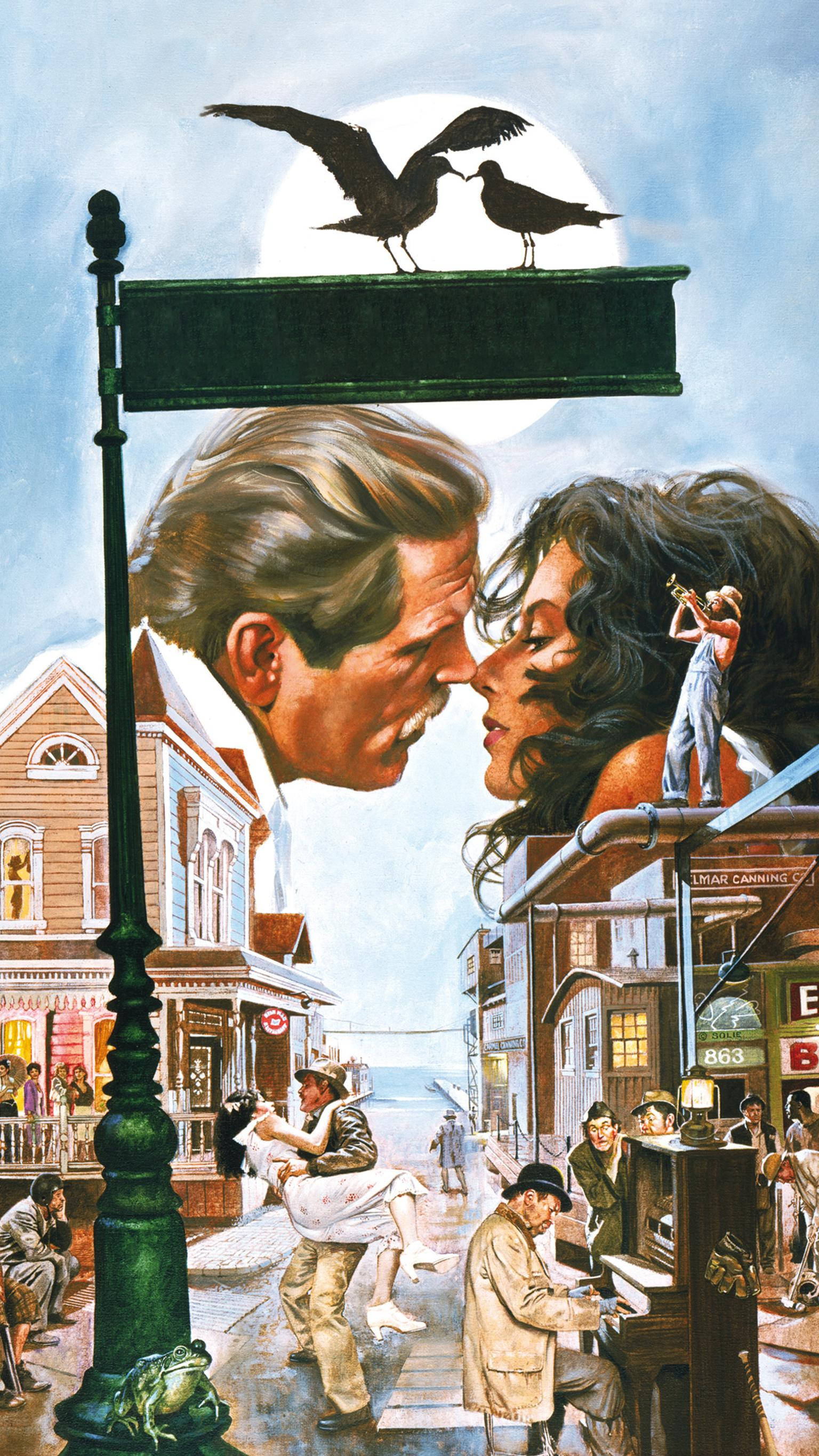 Cannery Row, full moon, seagulls, 2K Phone Wallpaper