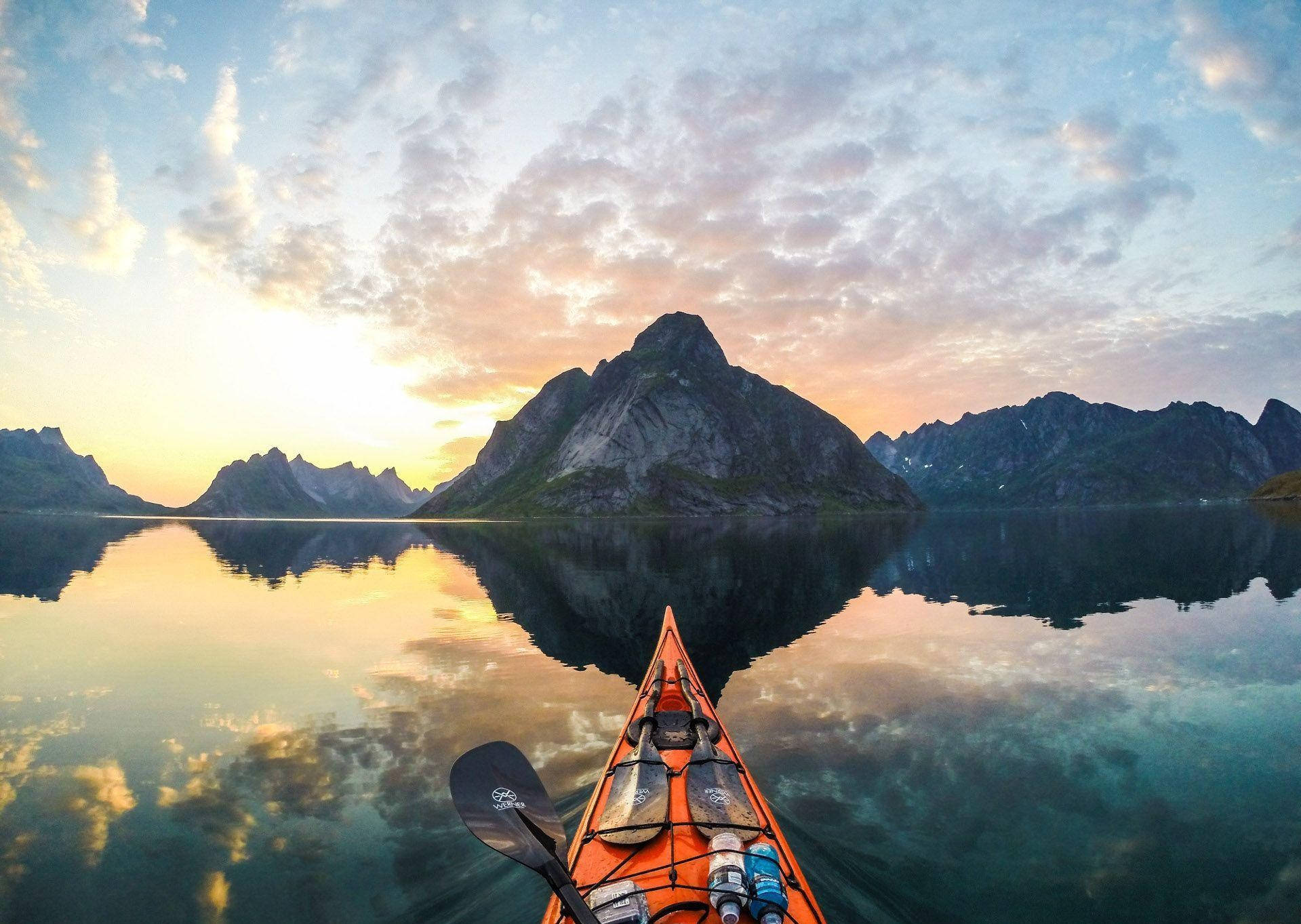 orange kayak, glassy fjord, sunrise, HD Desktop Wallpaper