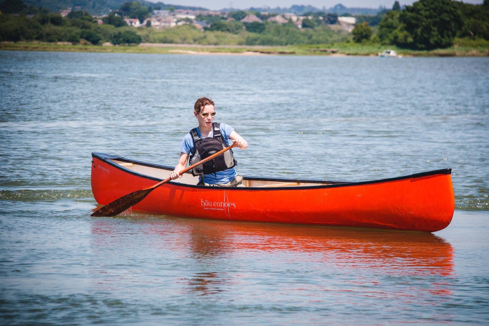 bright red canoe, calm waters, tree-lined shore, HD Desktop Wallpaper