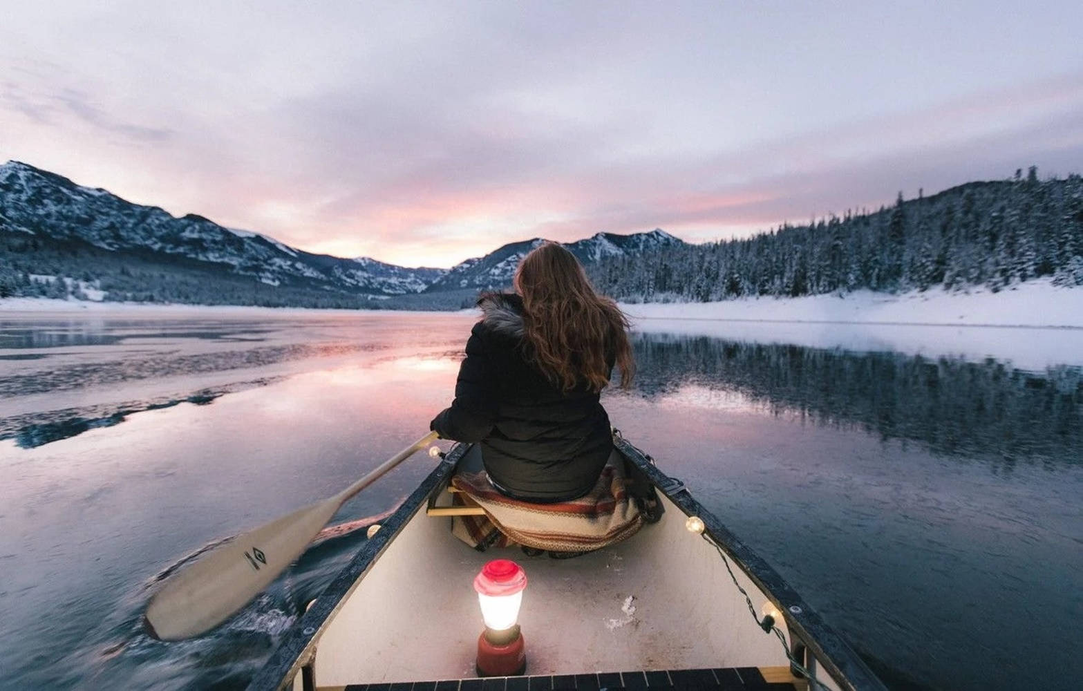 canoe, frozen lake, dusk, HD Desktop Wallpaper