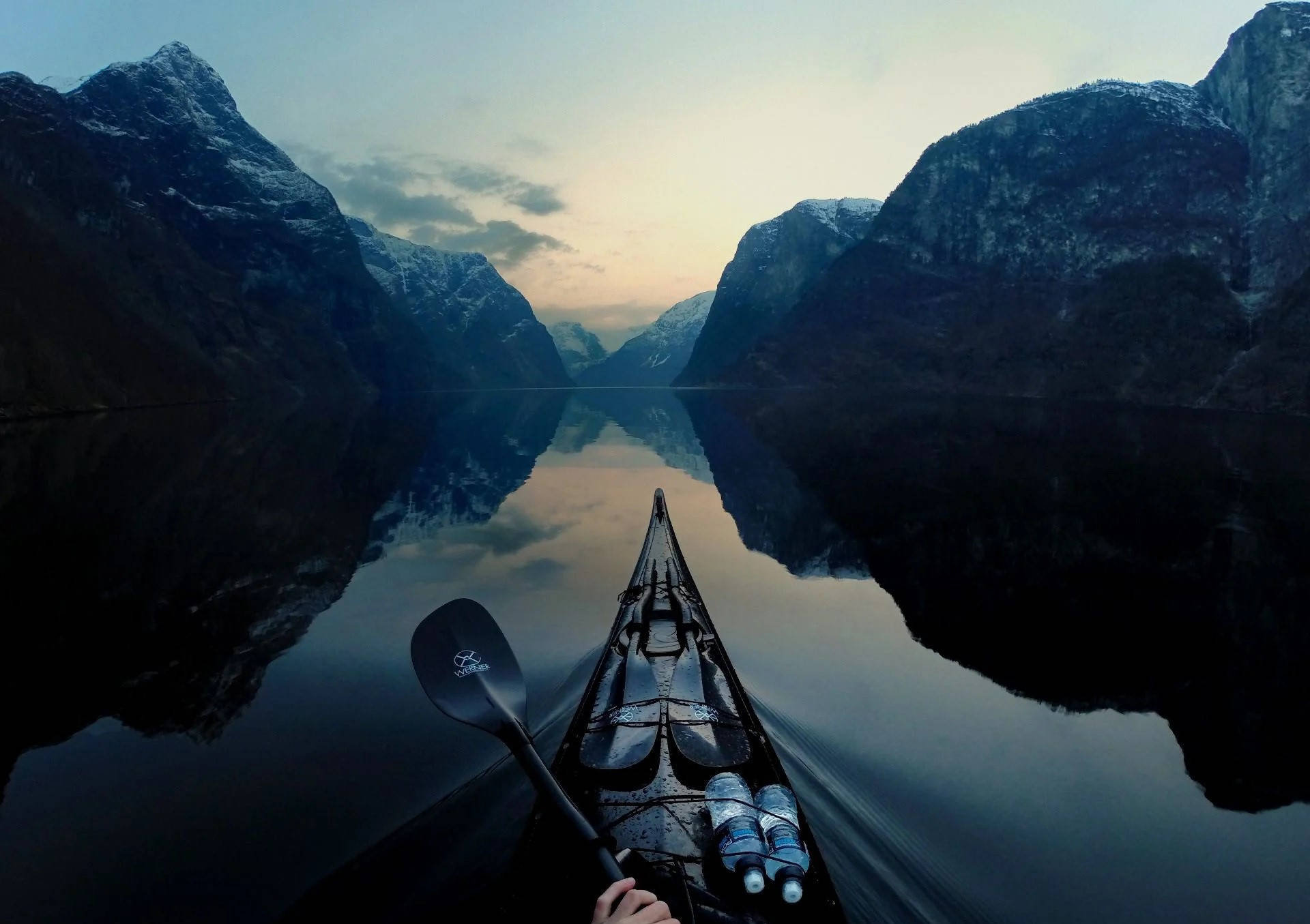 fjord, dusk, snow-capped mountains, Full HD Desktop Wallpaper