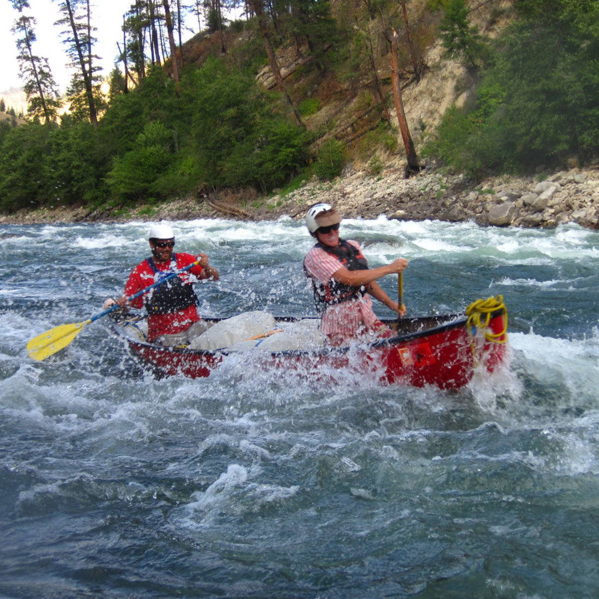 red canoe, turbulent river rapids, forested cliffs, SD Desktop Wallpaper