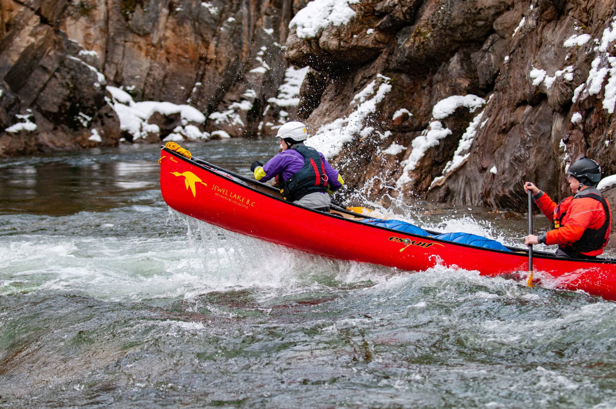 red canoe, turbulent river rapids, snow-dusted cliffs, Full HD Desktop Wallpaper