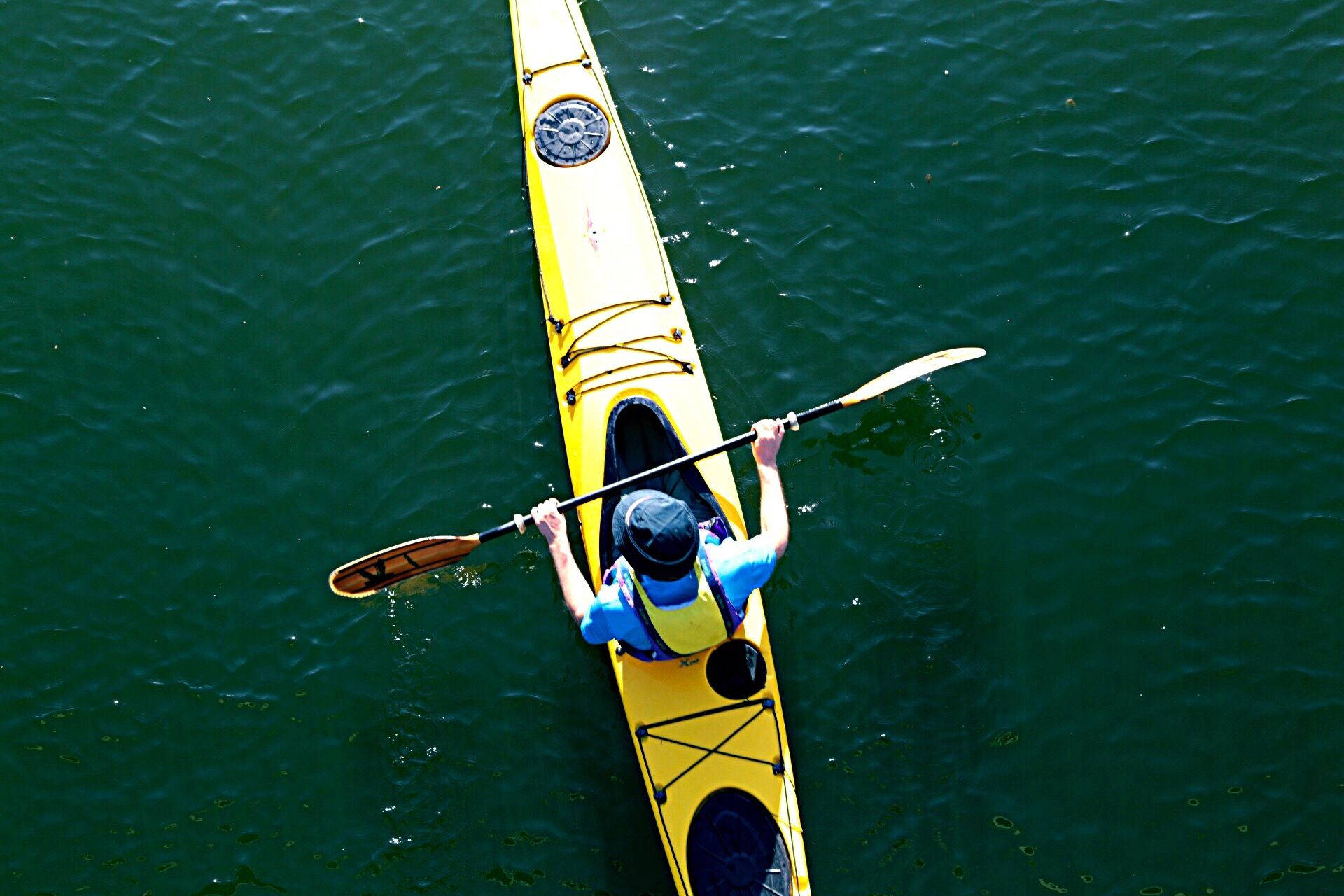 canoeing boat, bright yellow kayak, calm green water, Full HD Desktop Wallpaper