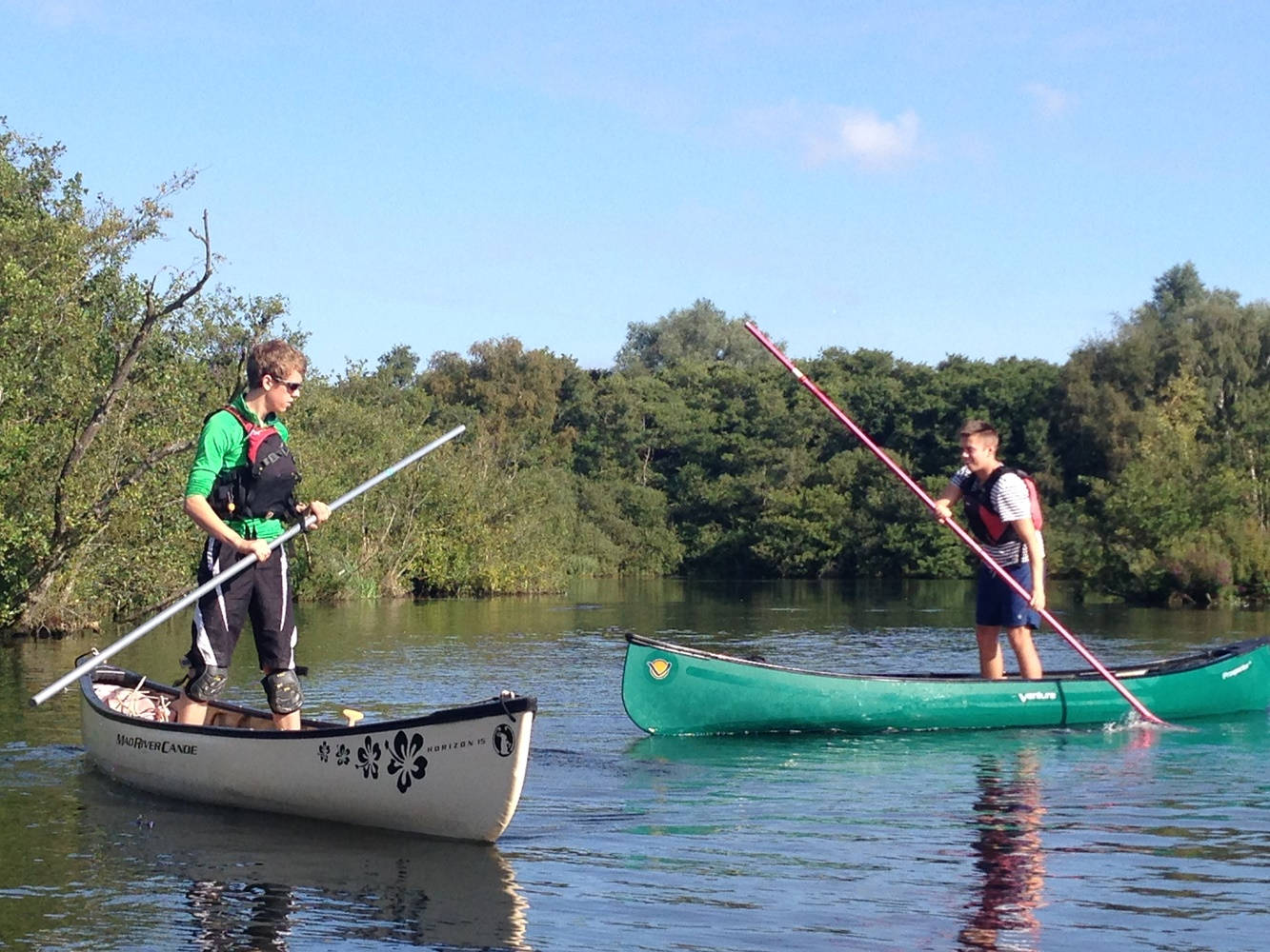 Canoeing, calm water, lush green trees, HD Desktop Wallpaper