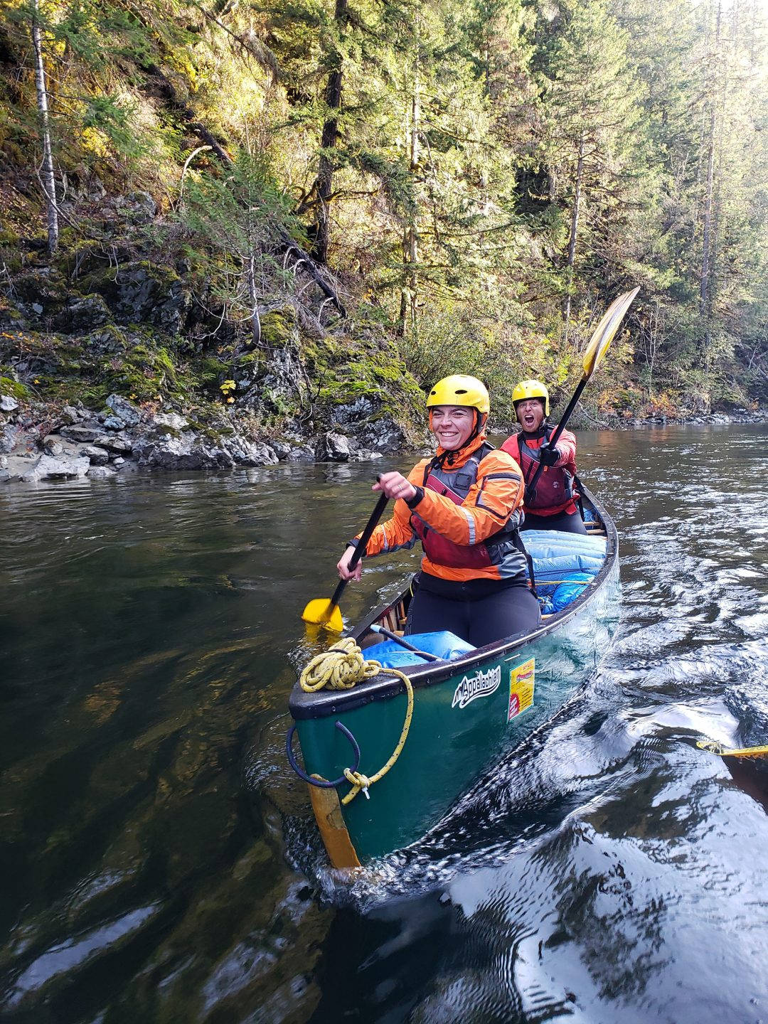 green canoe, forested river, mossy rocks, HD Phone Wallpaper