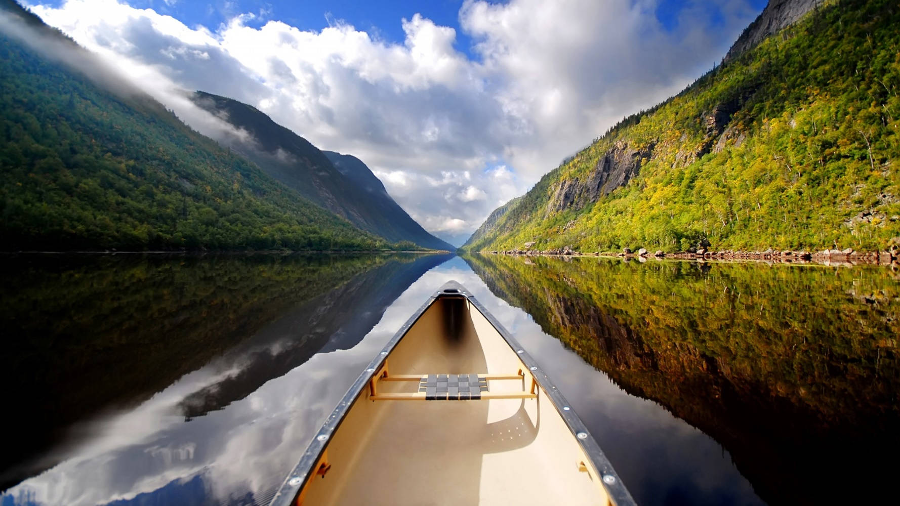 canoe, calm waters, mirror-like lake, HD Desktop Wallpaper
