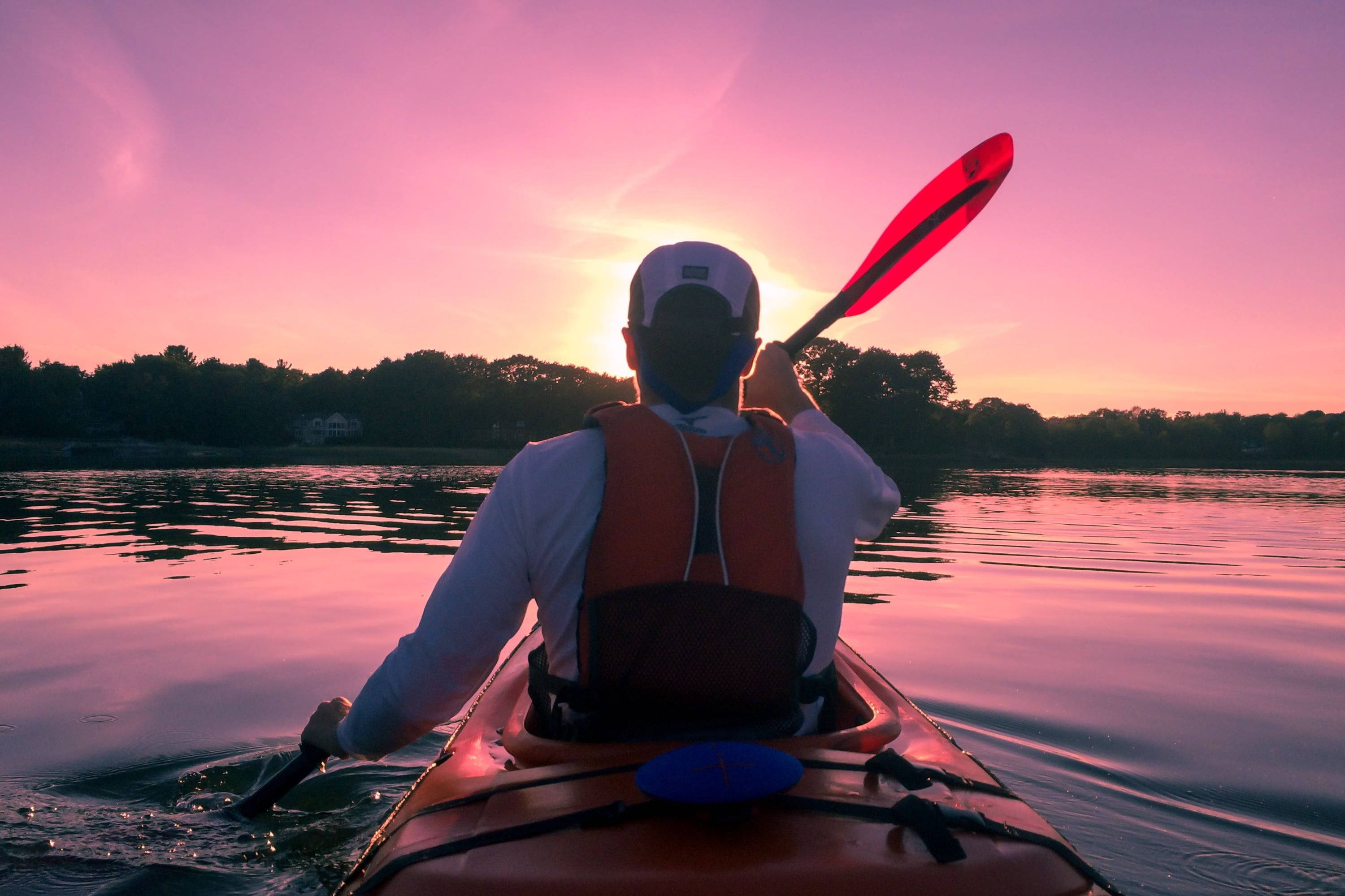 Canoeing, purple sunset, calm lake, 2K Desktop Wallpaper