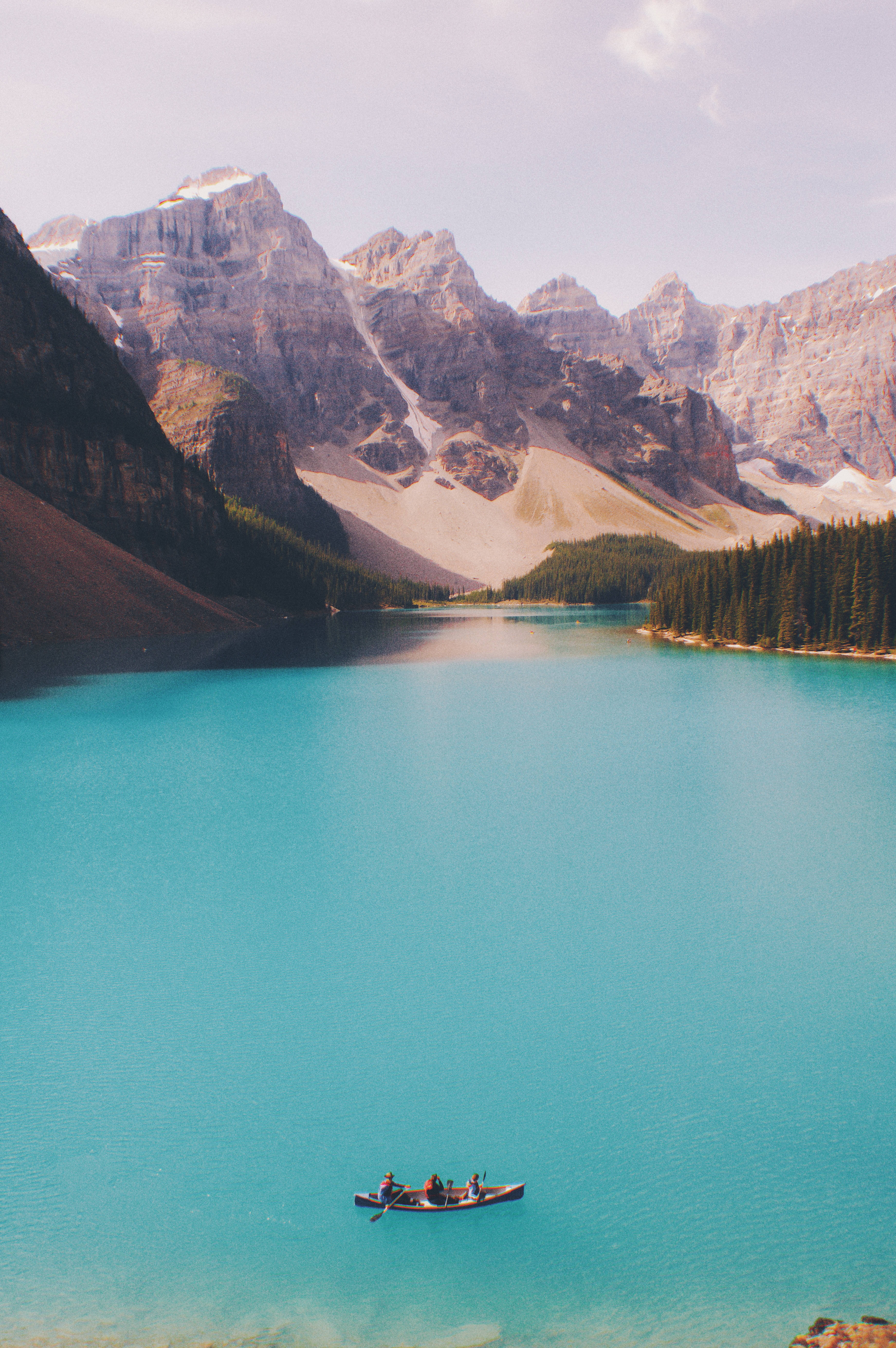 canoe, turquoise lake, snow-dusted mountains, 5K Phone Wallpaper