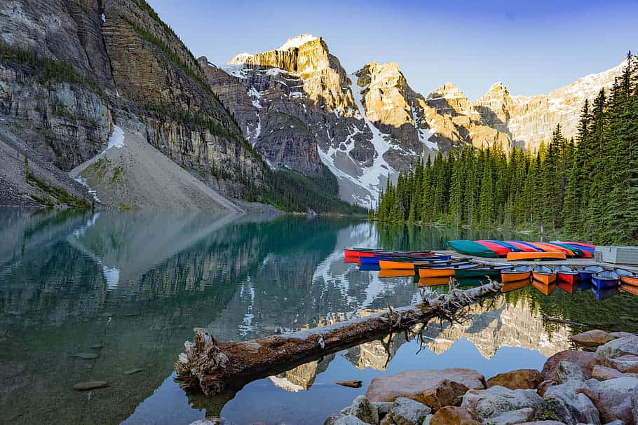 Mountain Lake, canoes, snow-dusted mountains, SD Desktop Wallpaper