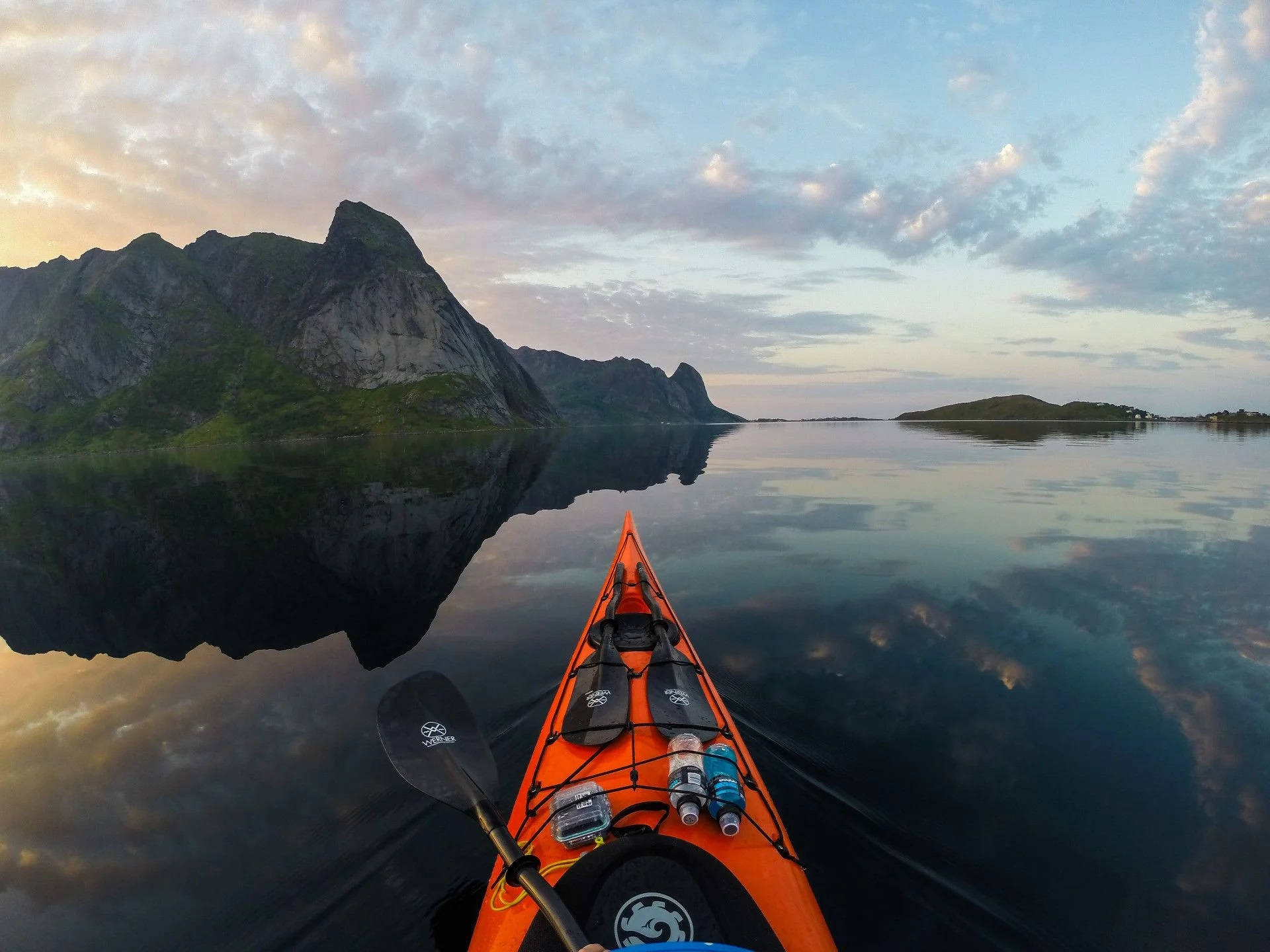 orange kayak, glassy water, jagged mountains, Full HD Desktop Wallpaper