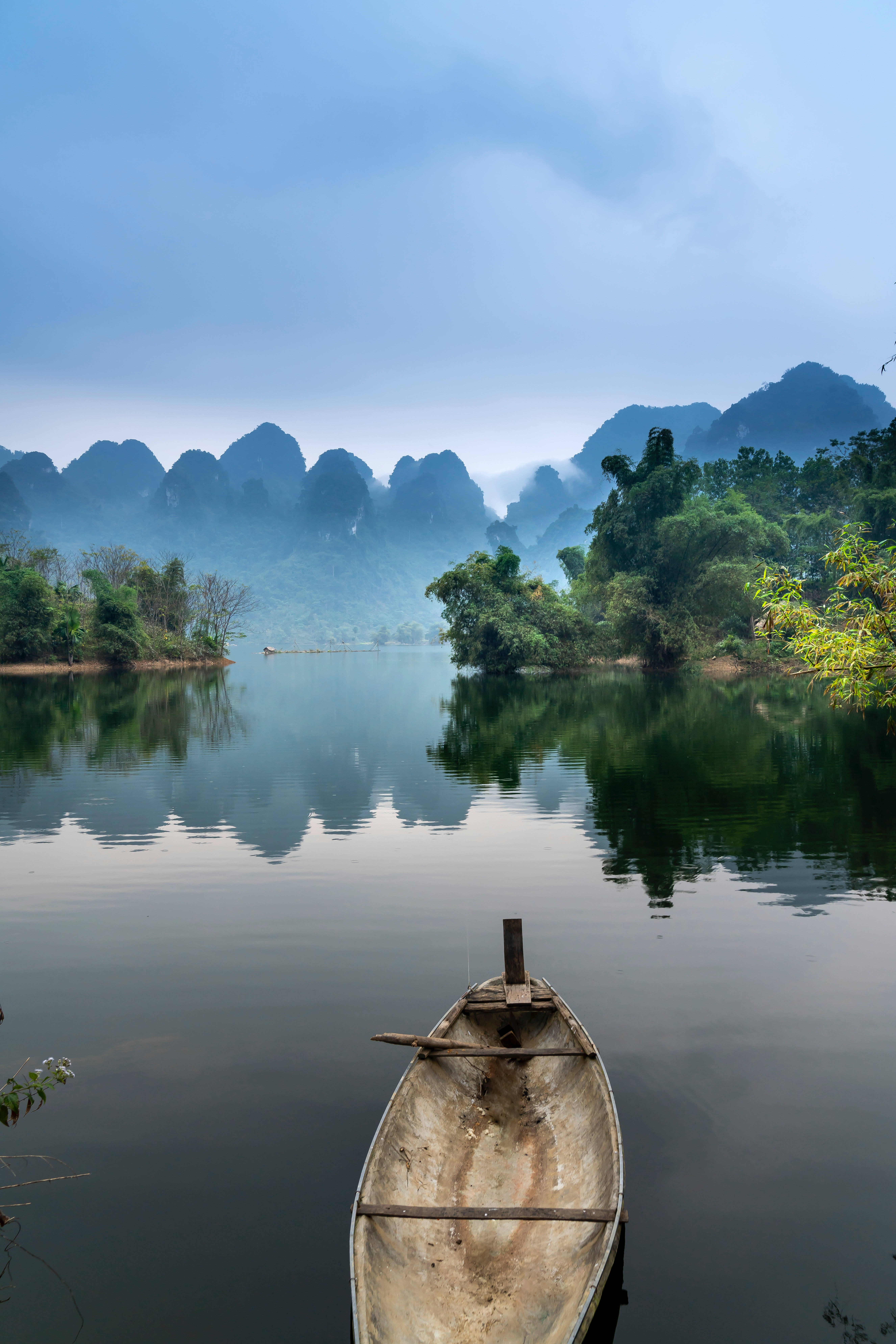 old wooden boat, river, misty river, 8K Phone Wallpaper