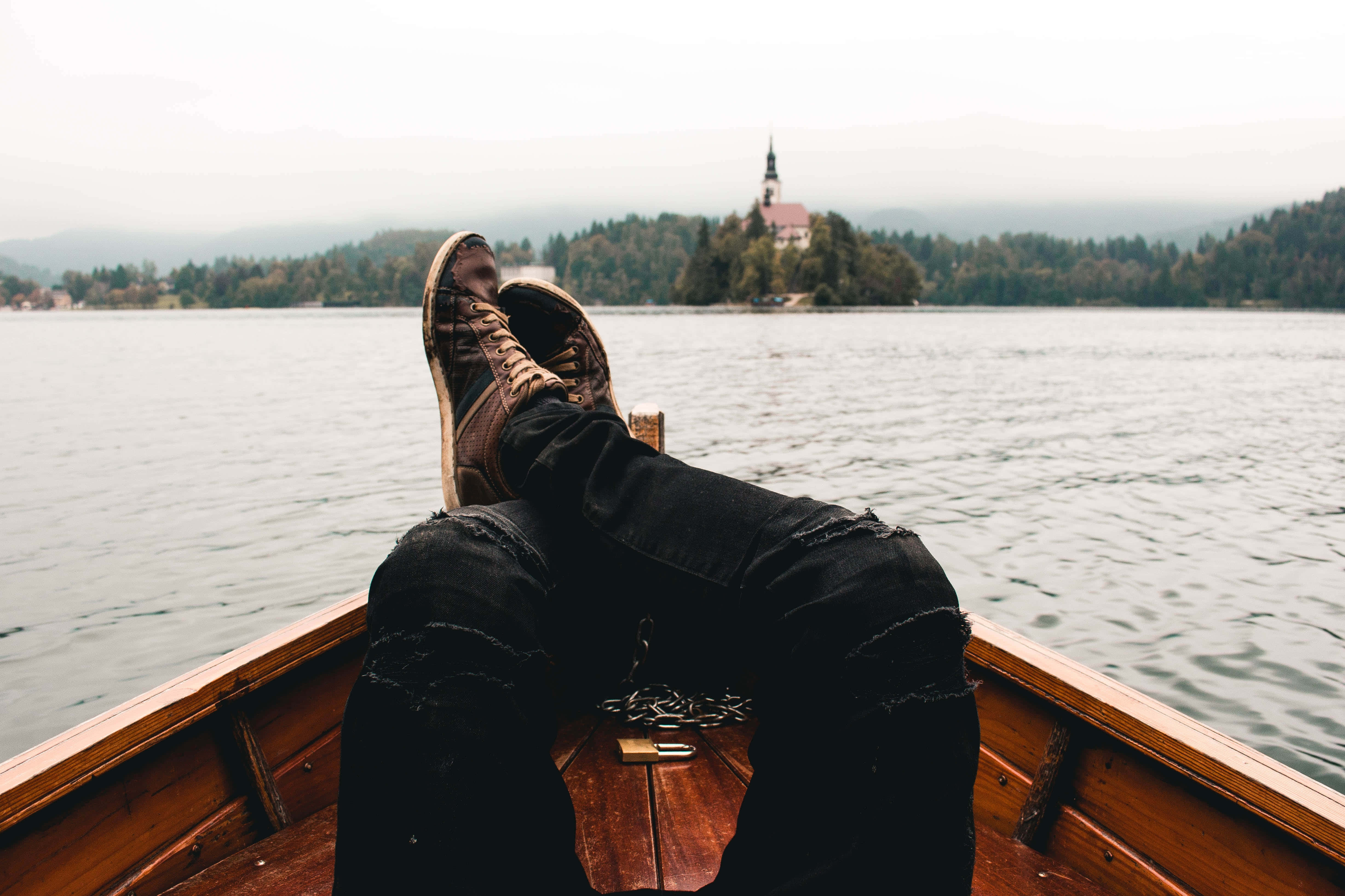 brown boots, wooden boat, misty lake, 4K Desktop Wallpaper