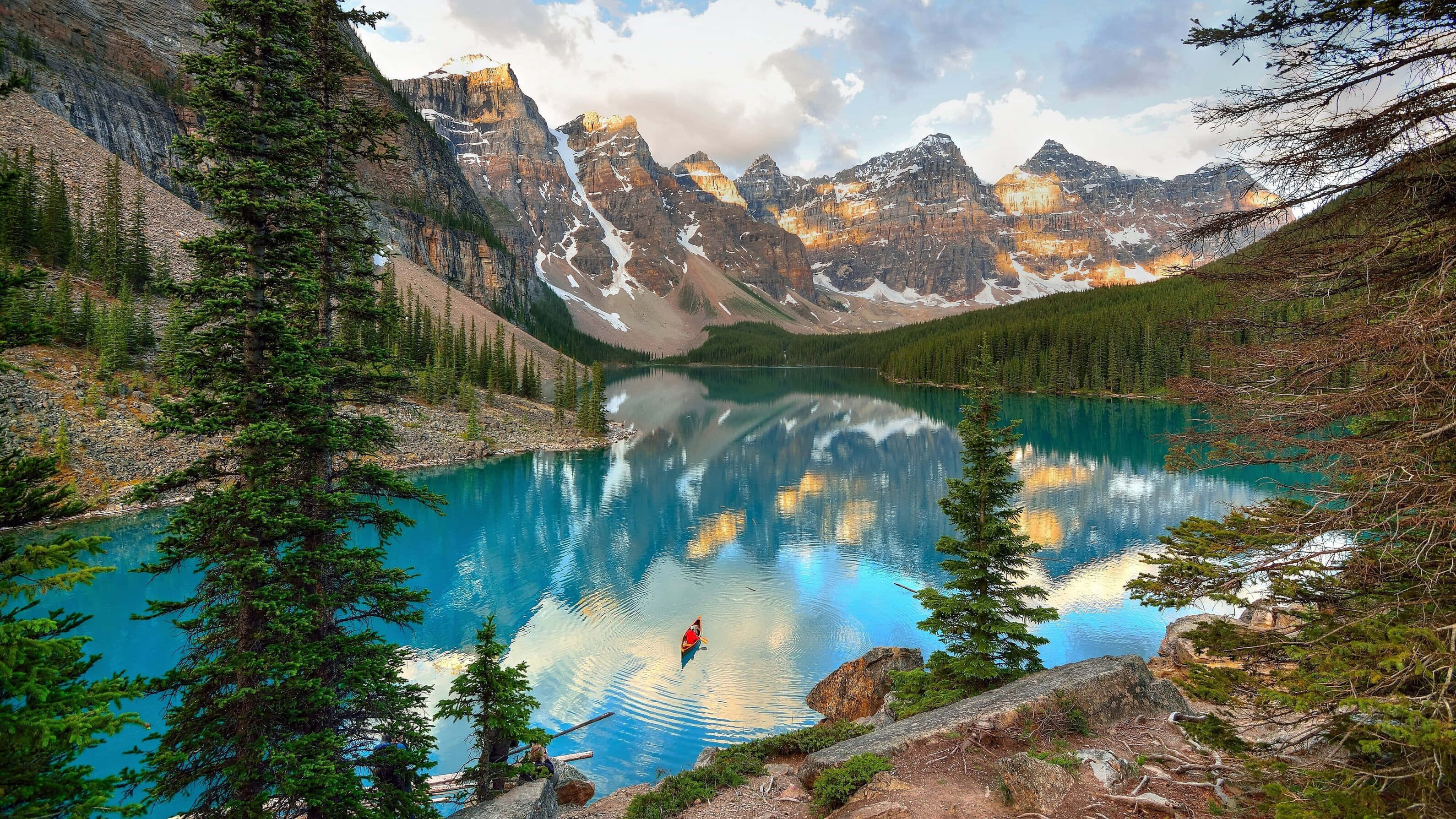 mountain lake, turquoise lake, snow-dusted mountains, 2K Desktop Wallpaper