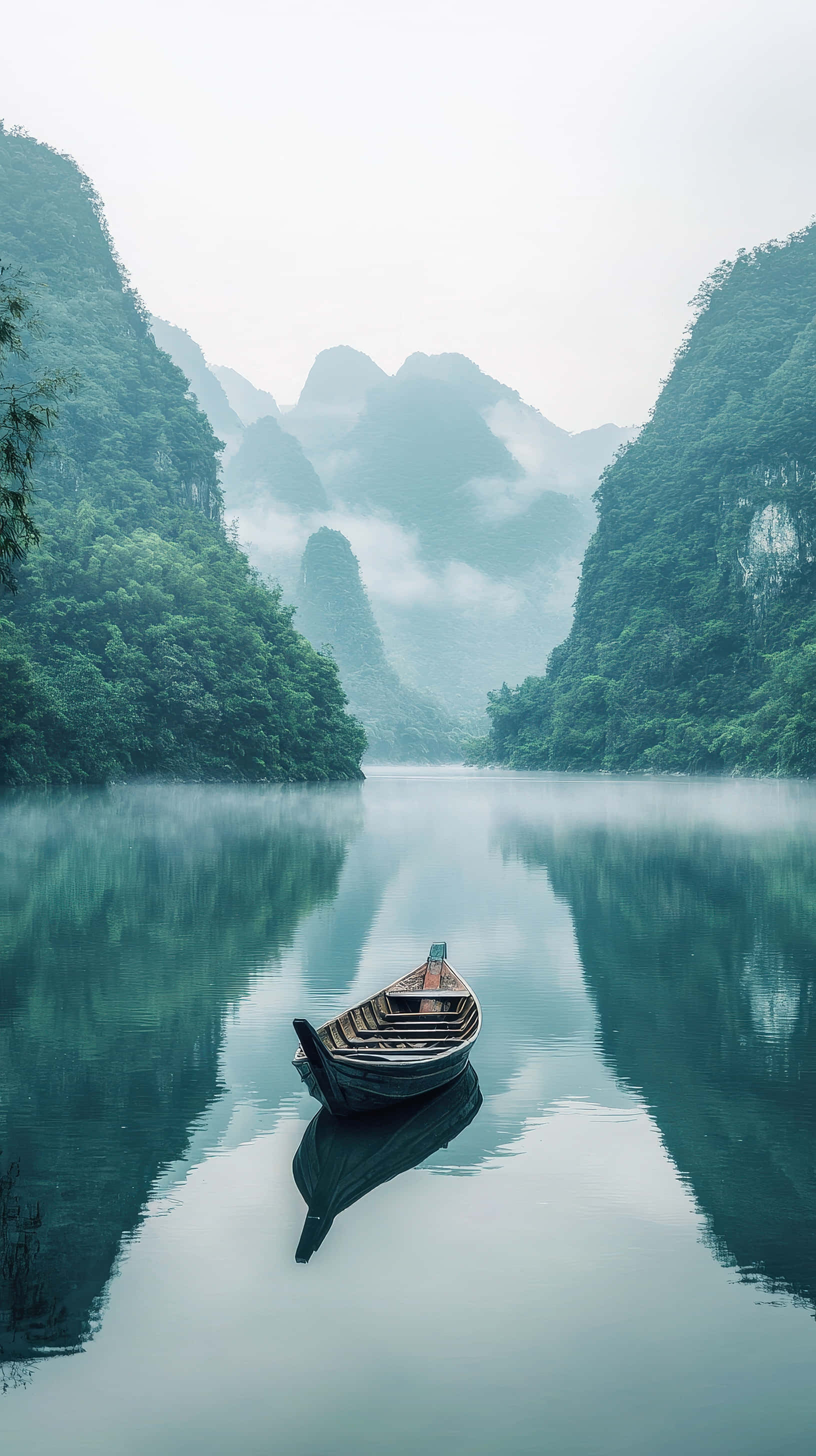 wooden boat, misty lake, lush mountains, 2K Phone Wallpaper