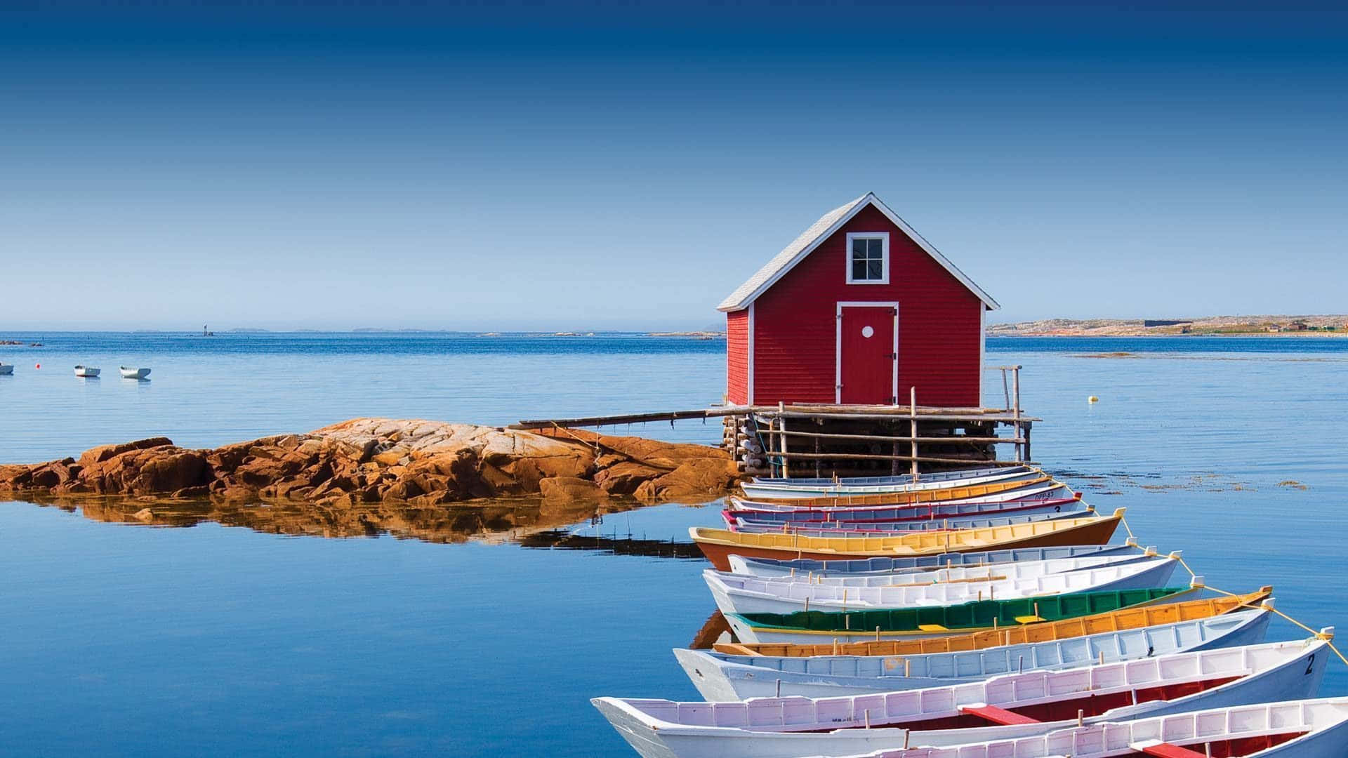 red boathouse, calm blue water, colorful rowboats, Full HD Desktop Wallpaper