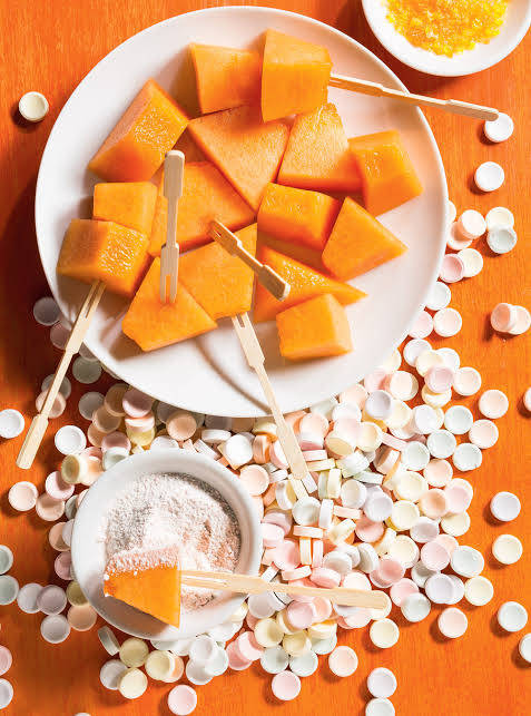 candy coated cantaloupe, orange melon cubes, white plate, SD Phone Wallpaper
