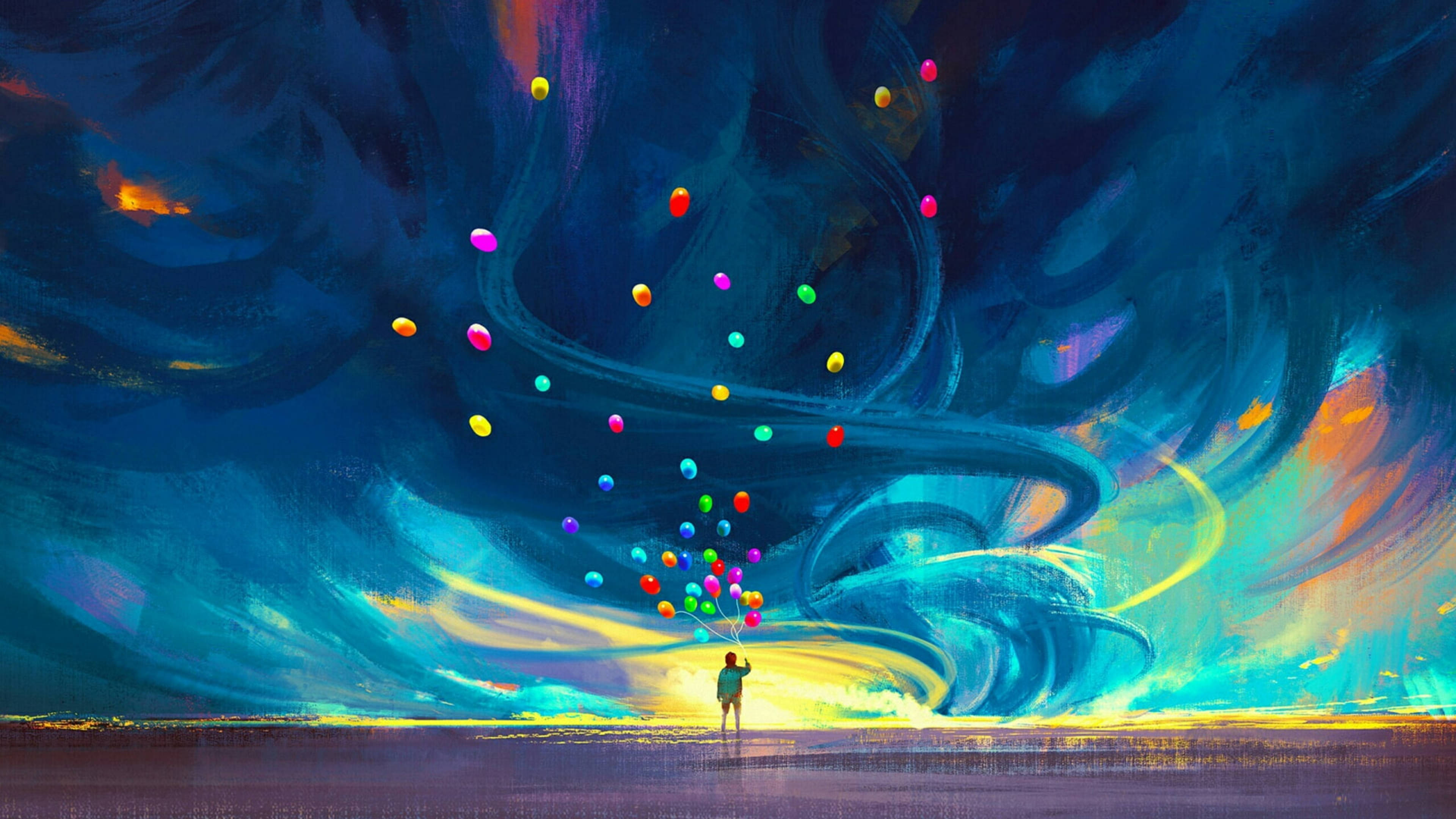 Canva, flying balloons, vast plain, 4K Desktop Wallpaper