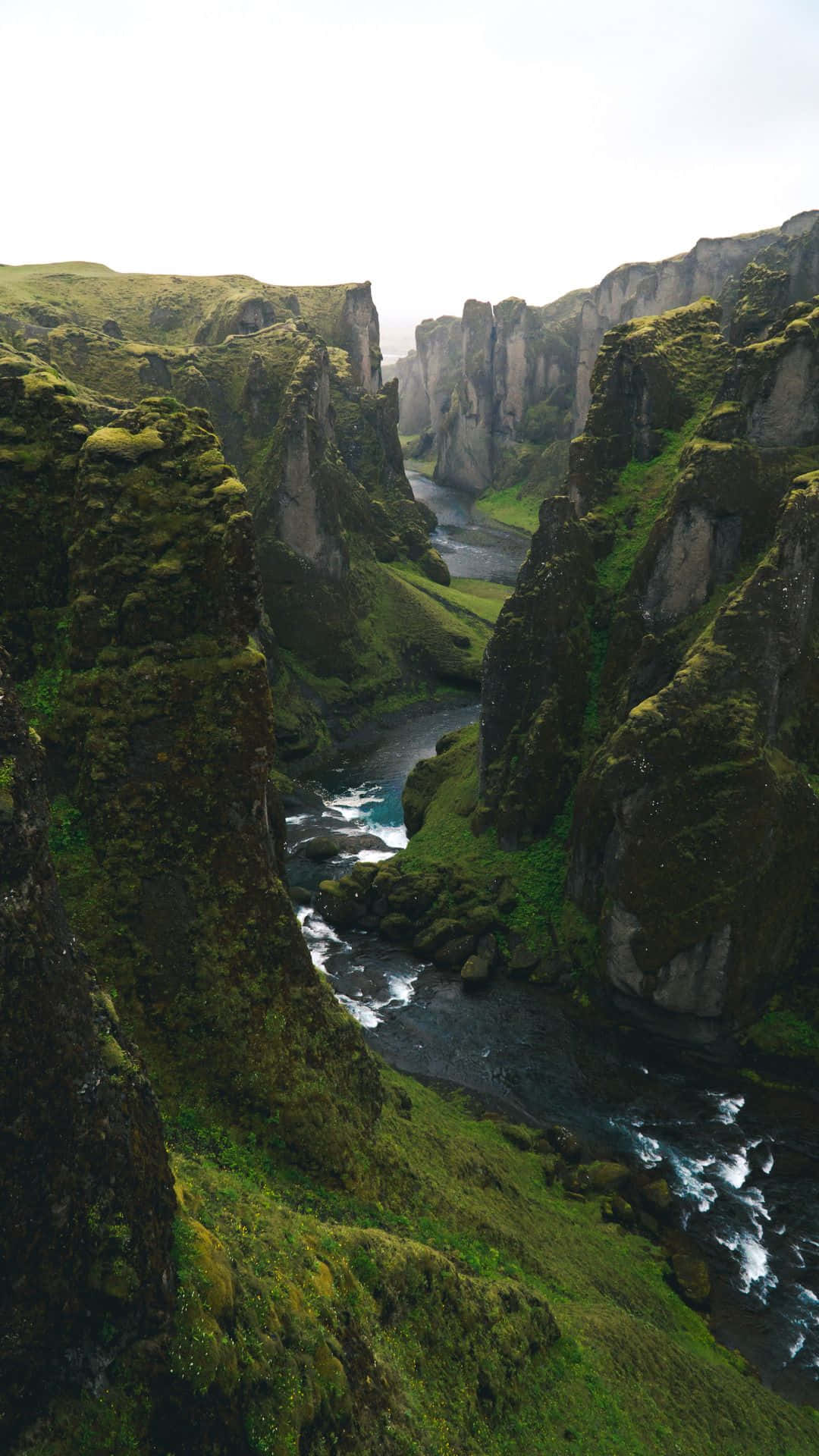 winding river, deep mossy canyon, towering green cliffs, Full HD Phone Wallpaper