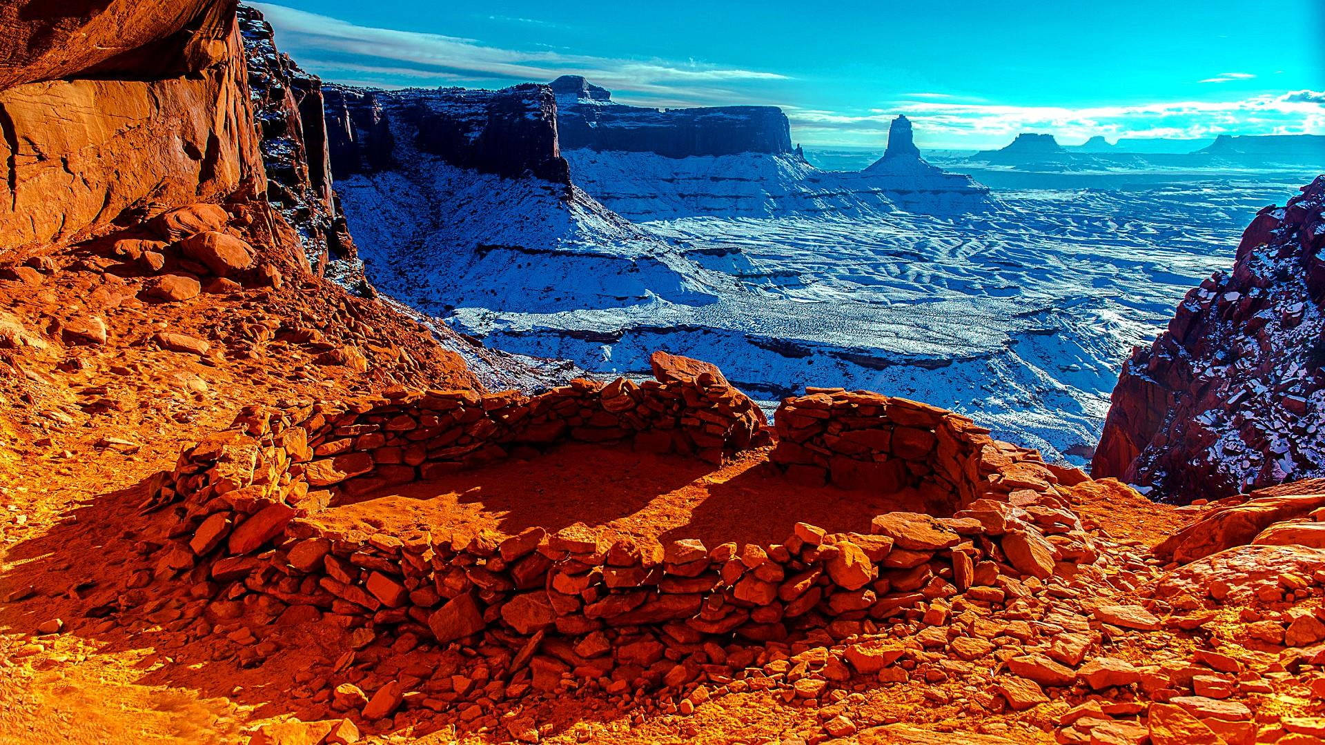Canyonlands National Park, false kiva, snow-dusted canyon, Full HD Desktop Wallpaper