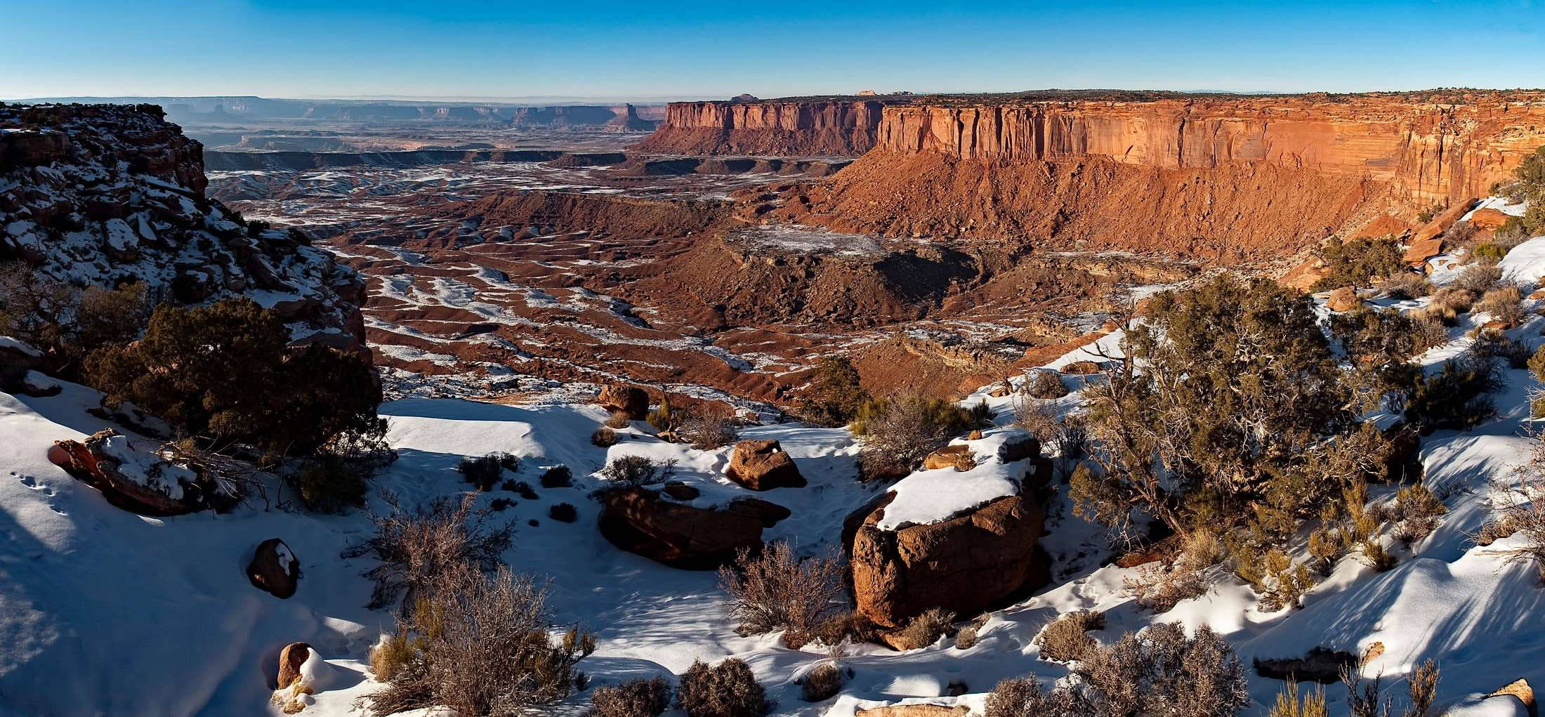 Canyonlands National Park, snow, rugged red rock formations, Full HD Desktop Wallpaper