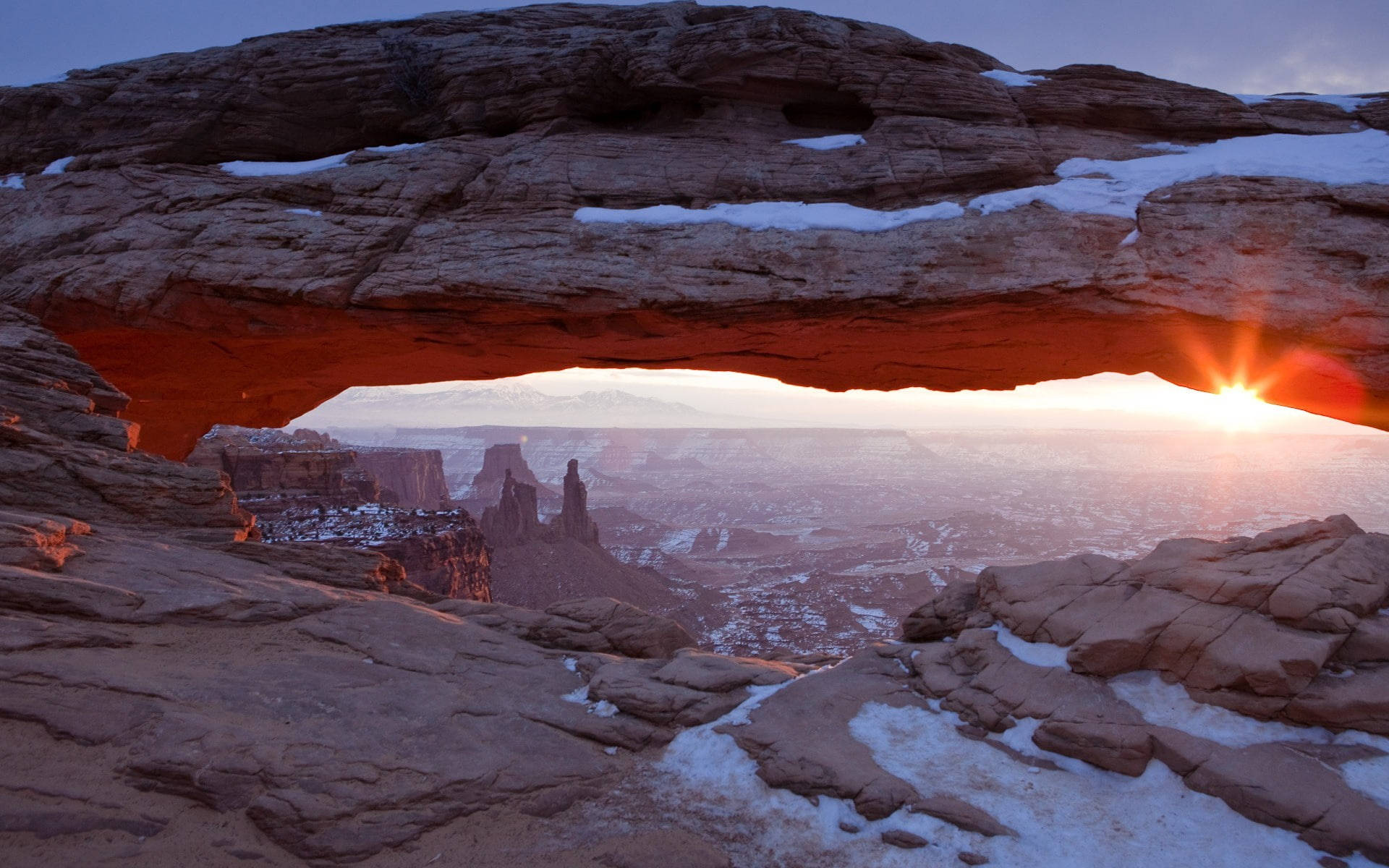 Canyonlands National Park, snow-dusted red rock arch, sunset, Full HD Desktop Wallpaper