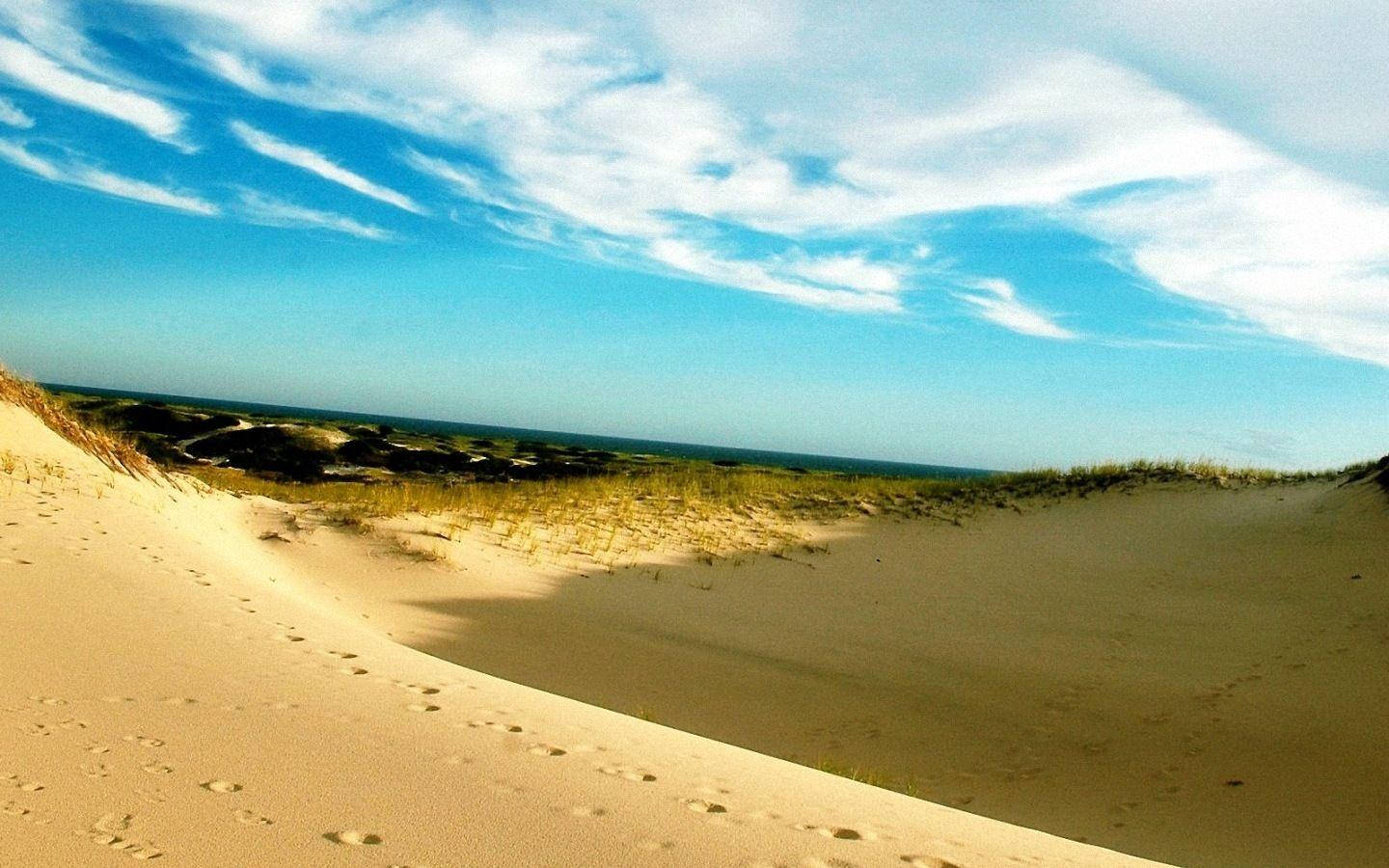 Cape Cod, sunlit sand dunes, footprints, HD Desktop Wallpaper