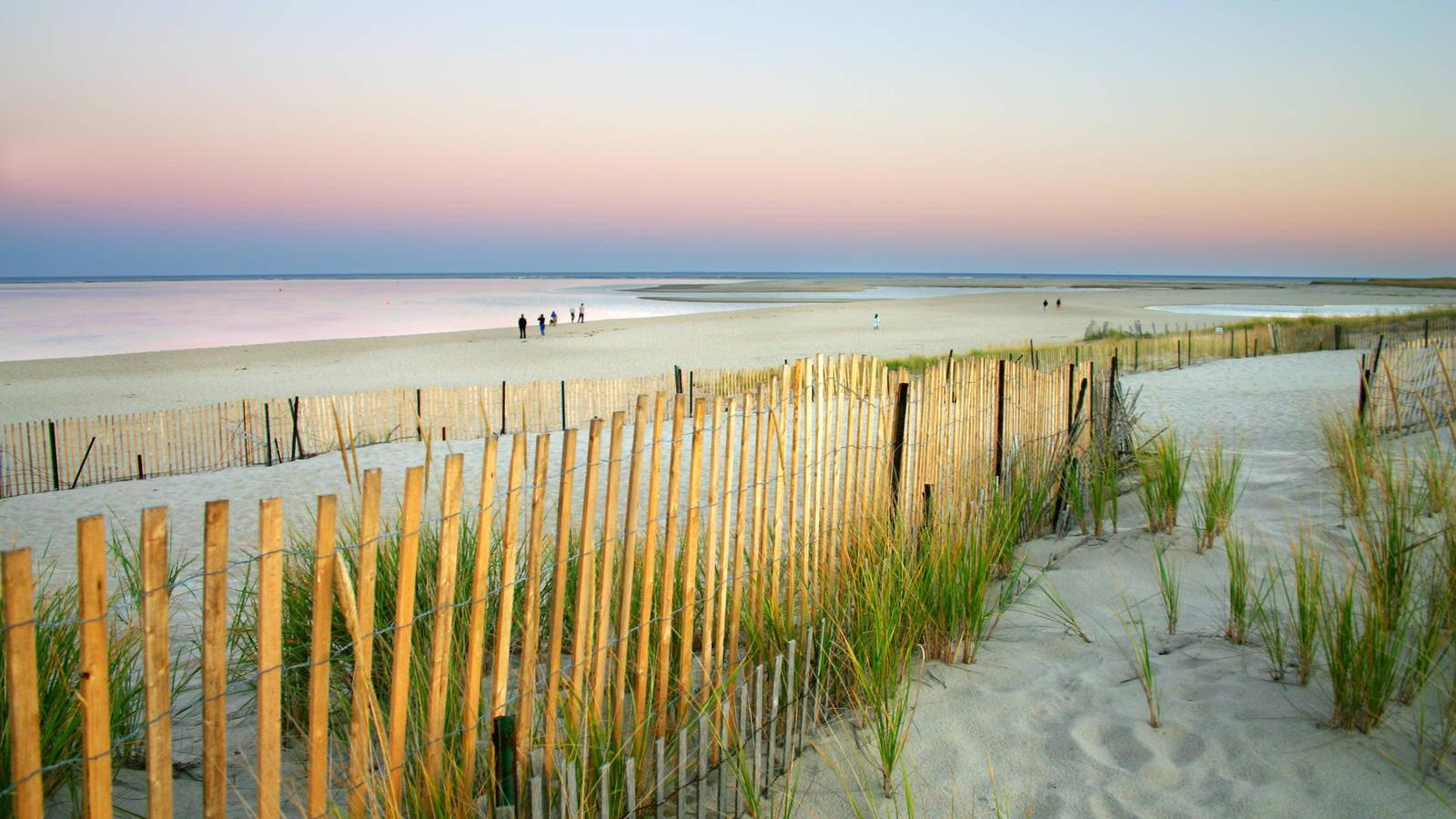Cape Cod, pink sunset sky, wooden fence, HD Desktop Wallpaper