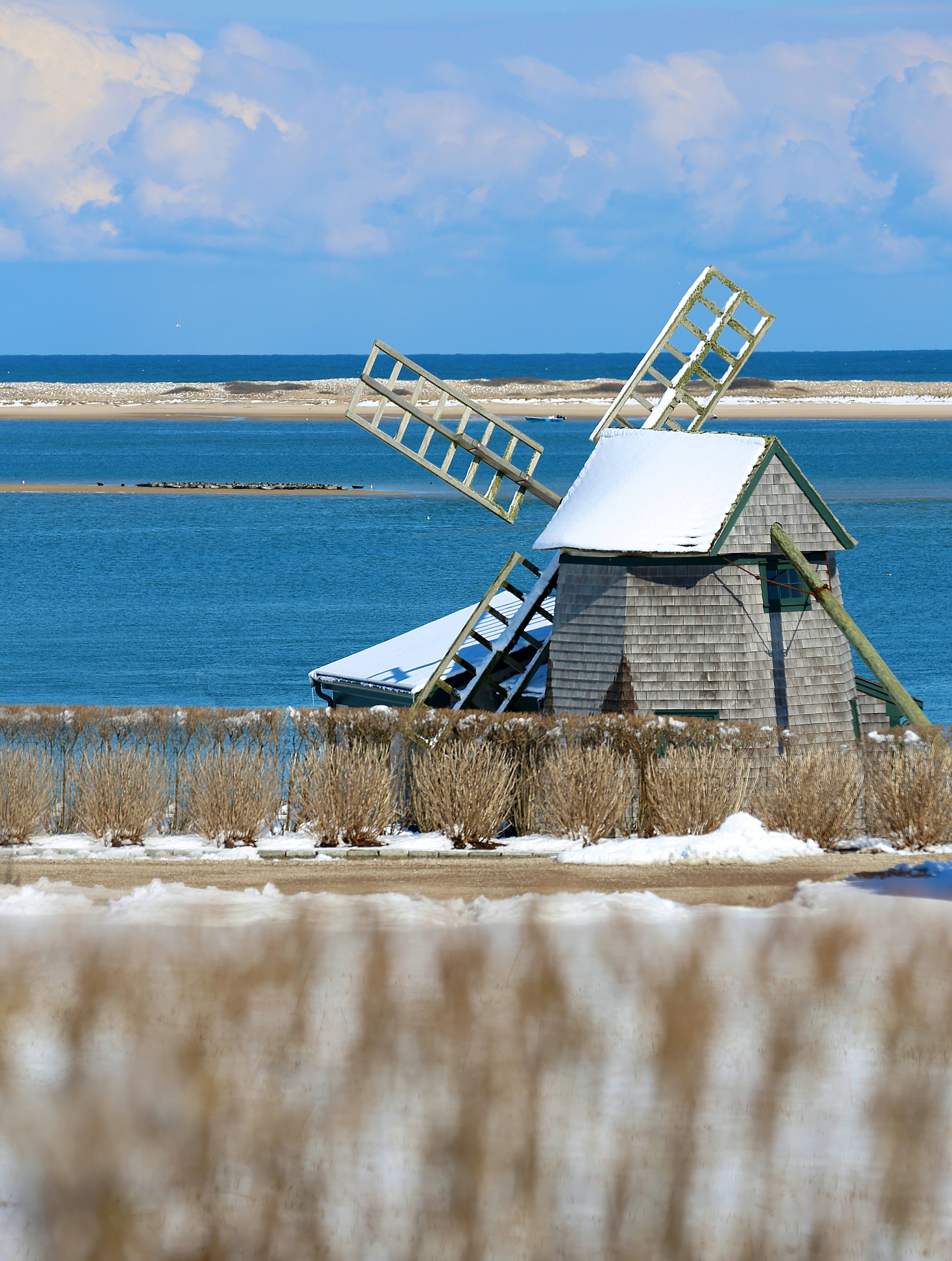 Cape Cod, windmill, frozen coastal inlet, 5K Phone Wallpaper
