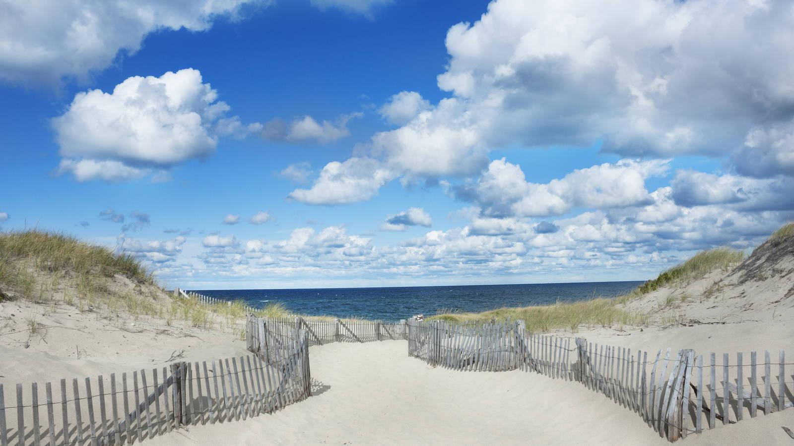 Cape Cod, fenced sandy path, wooden fence, HD Desktop Wallpaper
