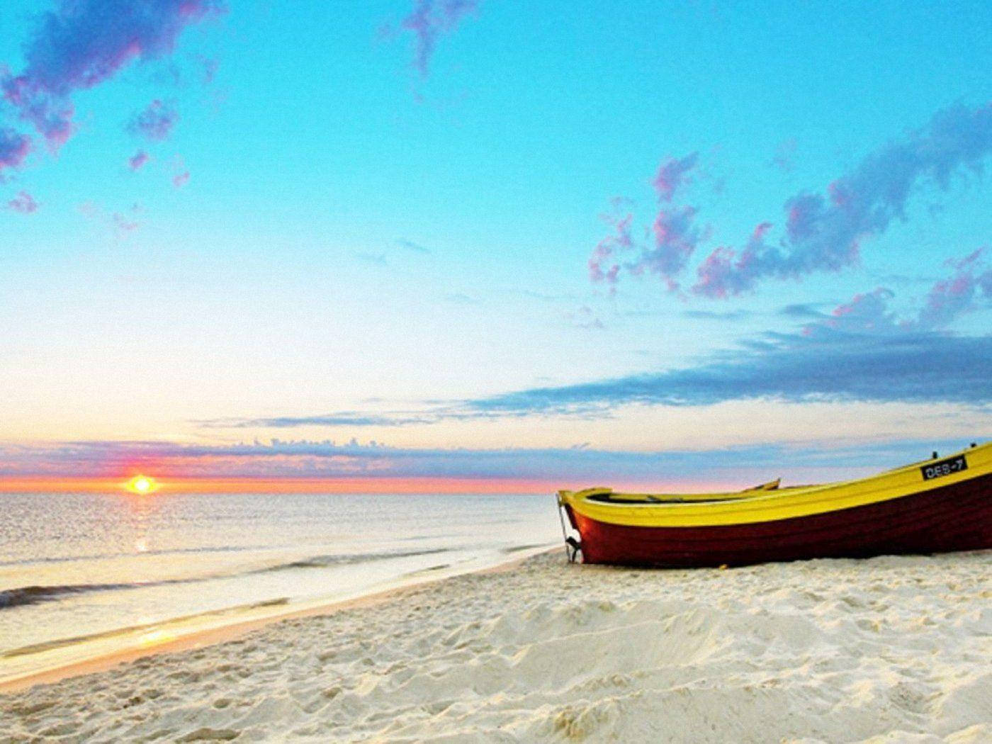 Cape Cod, yellow and red boat, white sand, HD Desktop Wallpaper