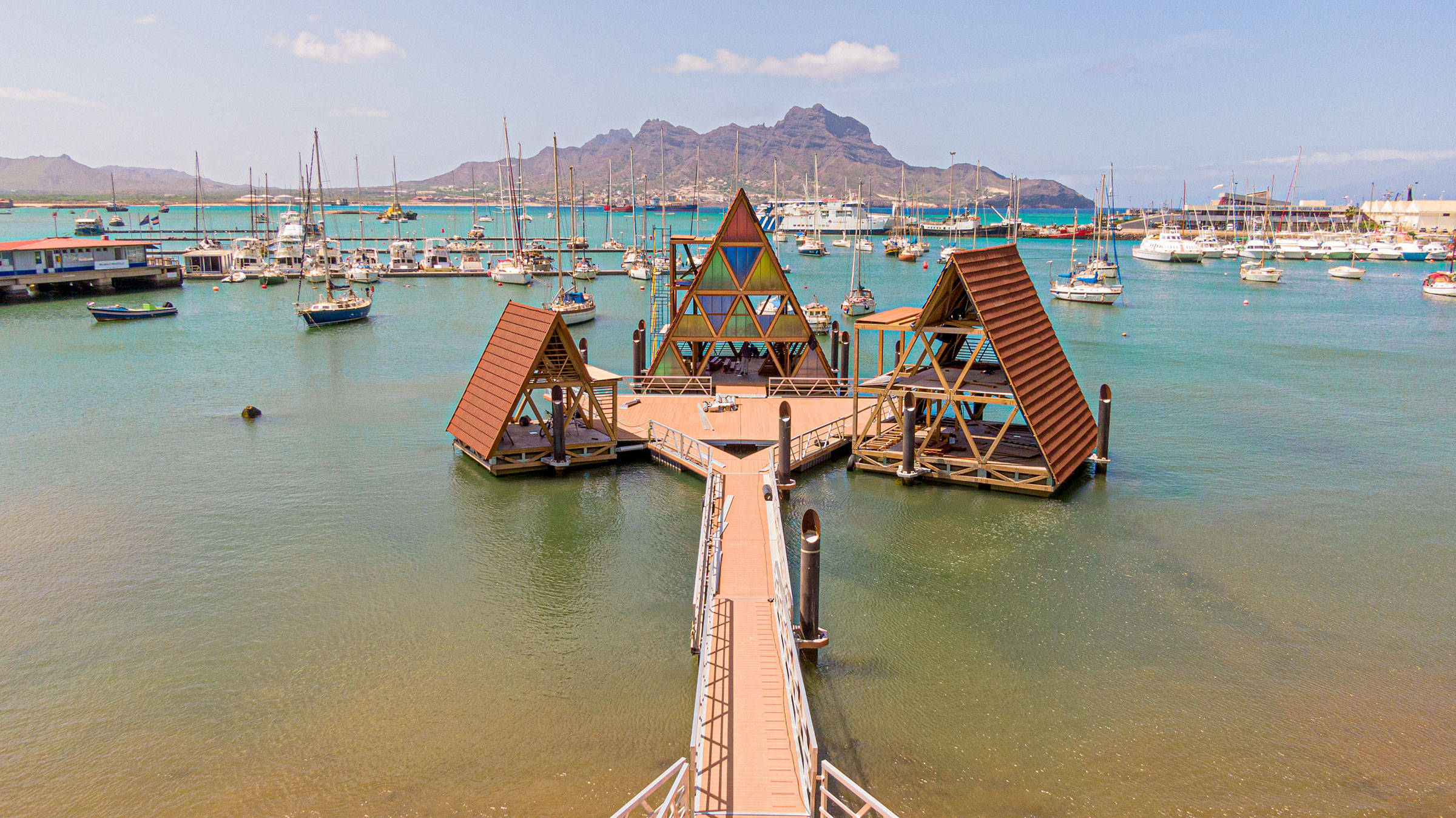 Cape Verde, wooden pier, triangular-roofed structures, Full HD Desktop Wallpaper