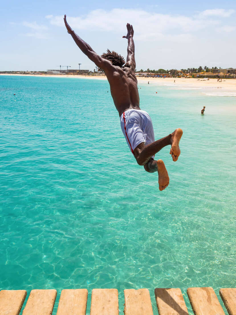 Cape Verde, wooden pier, vibrant turquoise ocean water, SD Phone Wallpaper
