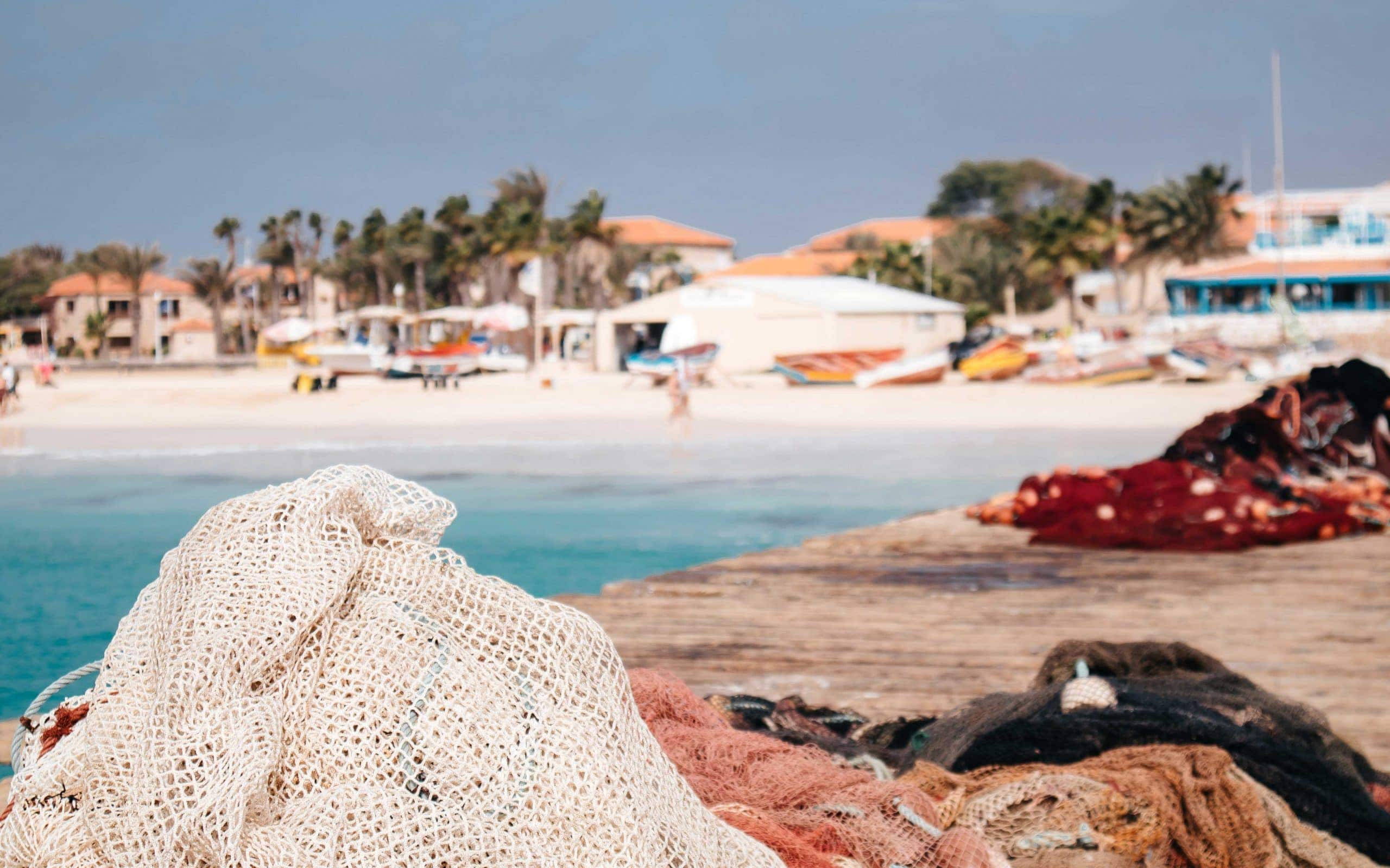 Cape Verde, multicolored nets, wooden pier, 2K Desktop Wallpaper