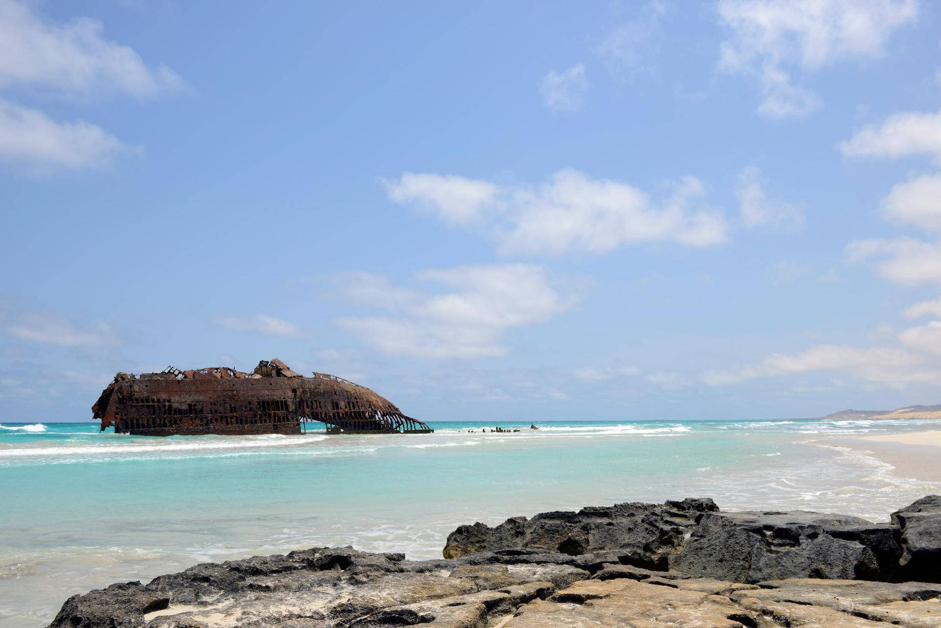 rusty boat, Cape Verde beach, turquoise beach, Full HD Desktop Wallpaper
