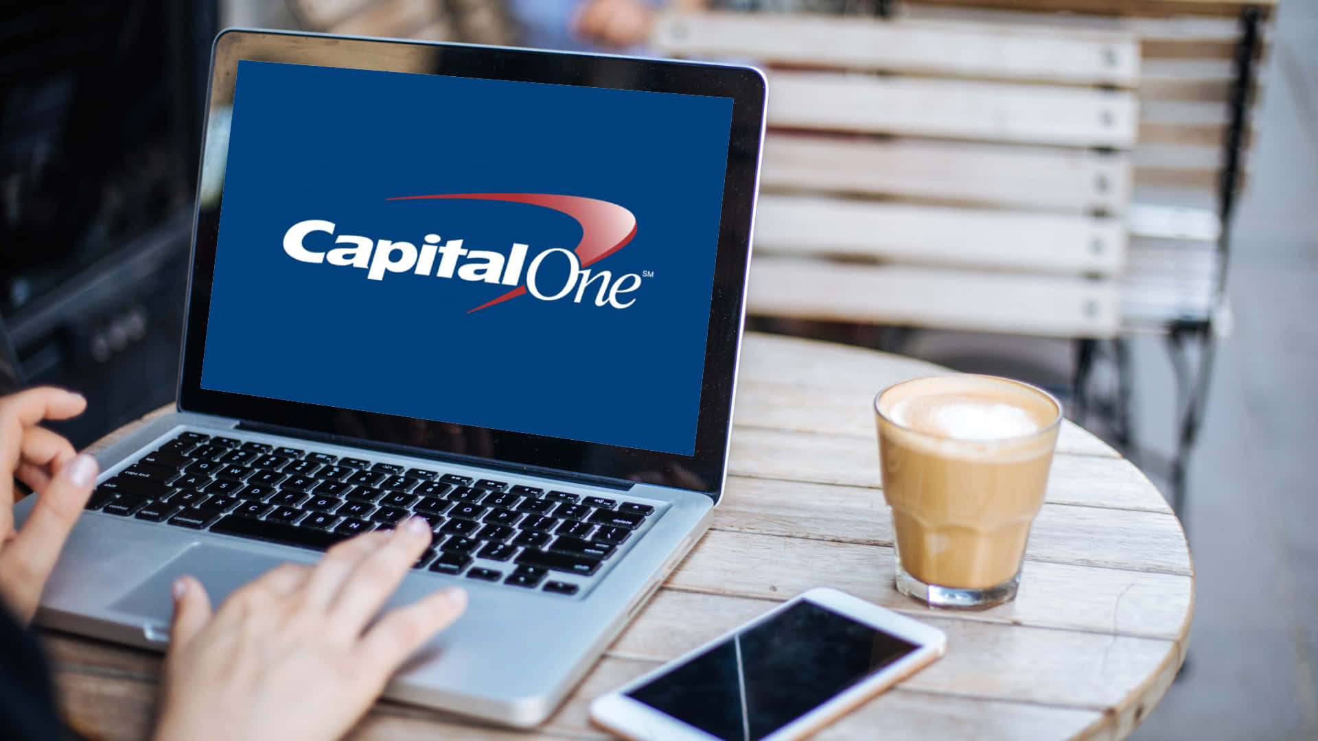 Capital One, laptop, outdoor café table, Full HD Desktop Wallpaper