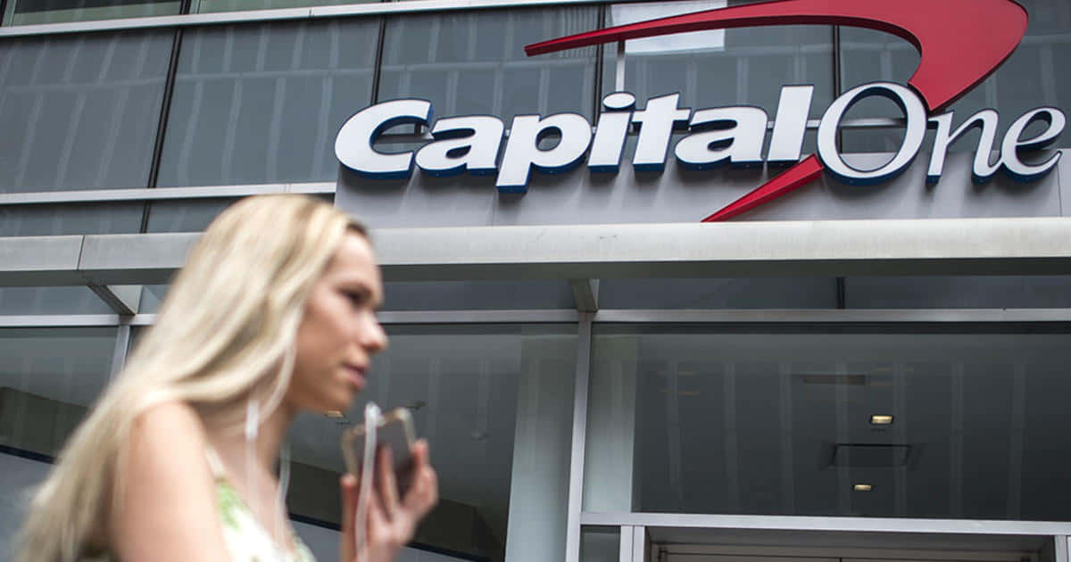 Capital One, blonde woman, bank building, SD Desktop Wallpaper