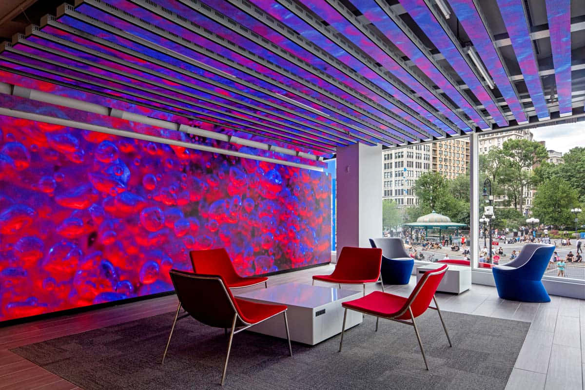 Capital One, wide screen, bold red chairs, SD Desktop Wallpaper