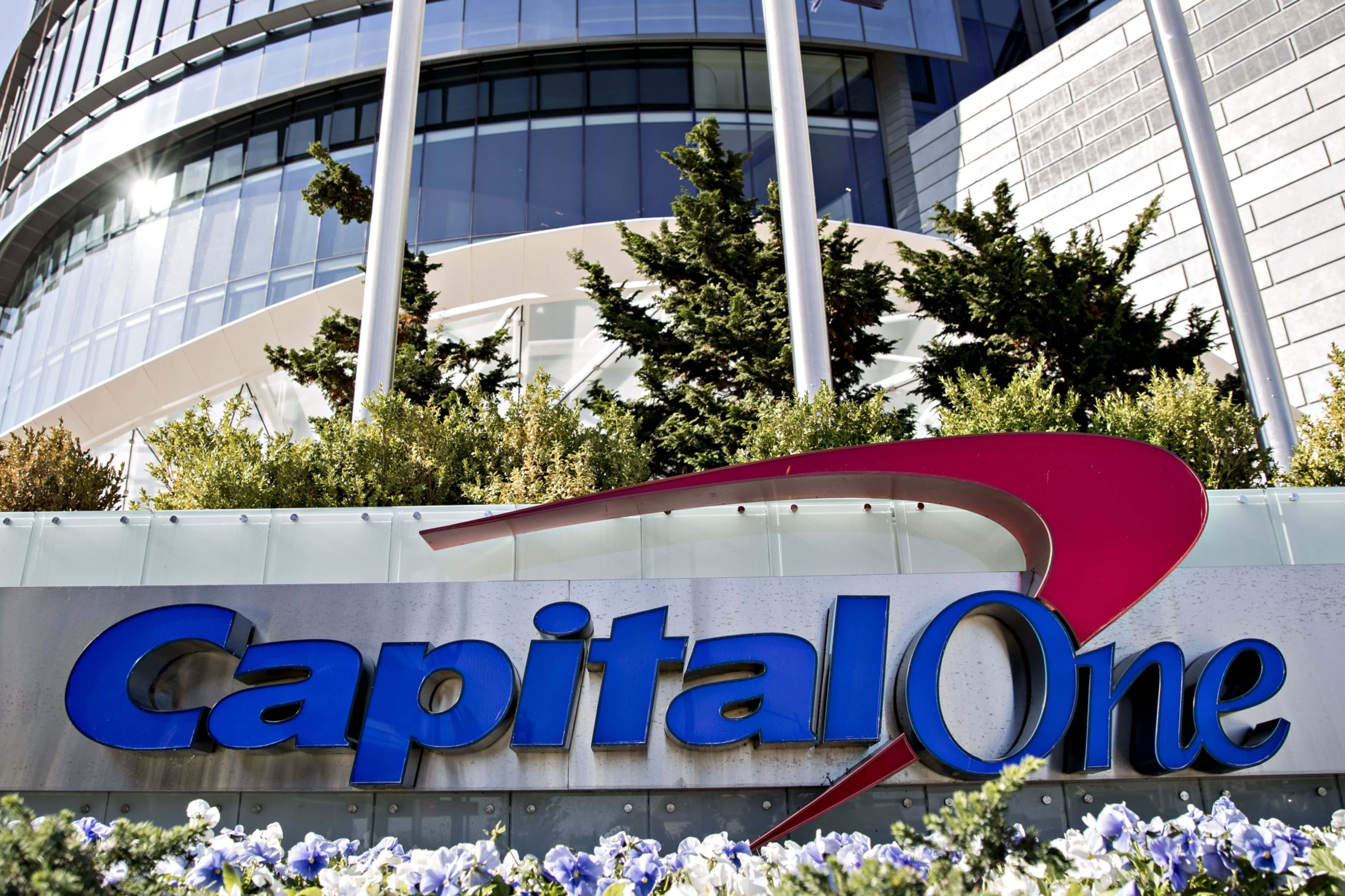 Capital One, glass skyscraper, blue flowers, 4K Desktop Wallpaper